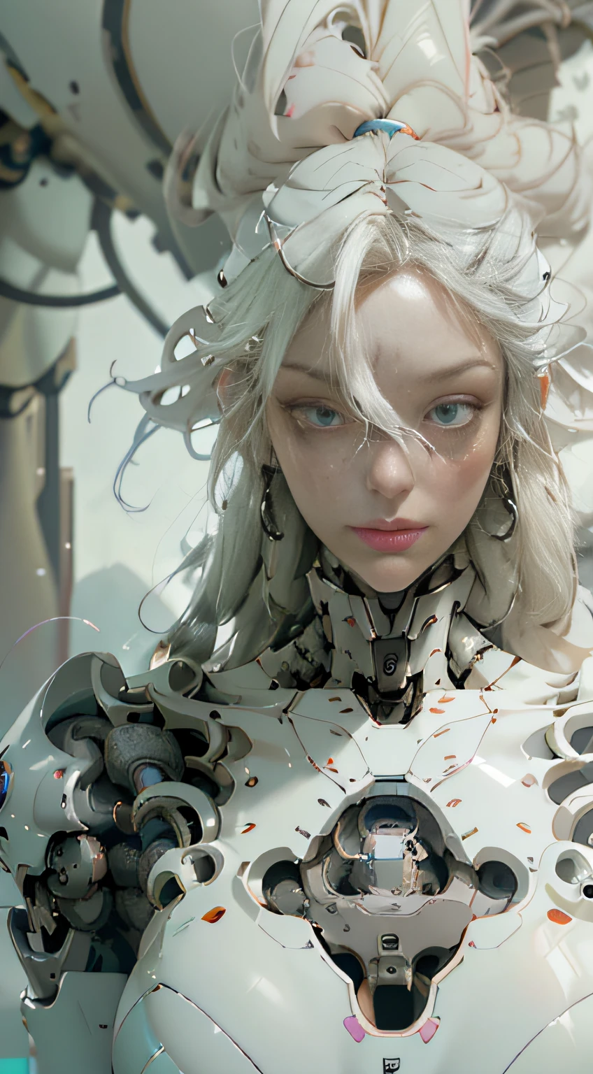 a close up of a woman with white hair and a robot suit, porcelain cyborg, perfect android girl, cute cyborg girl, integrated synthetic android, anime robotic mixed with organic, wlop and krenz cushart, wlop glossy skin, broken beautiful female android!, cyborg - girl with silver hair, guweiz masterpiece, beautiful female android!