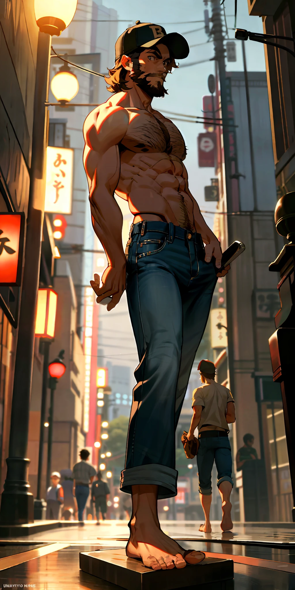 (Foot focus), 1man, short hair, toned, beard, baseball cap, barefoot, beautiful feet, shirtless, hairy body, open jeans, lamp post, masterpiece, best quality, high-res, ultra detailed, tokyo, night, candid pose, looking at the camera, front view,