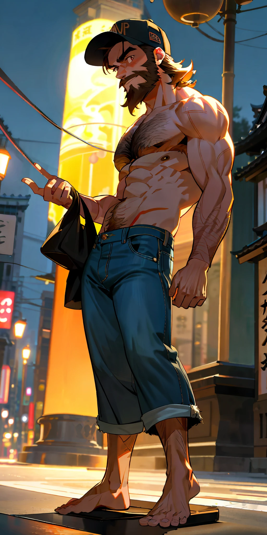 (Foot focus), 1man, short hair, toned, beard, baseball cap, barefoot, beautiful feet, shirtless, hairy body, open jeans, lamp post, masterpiece, best quality, high-res, ultra detailed, tokyo, night, candid pose, looking at the camera, front view,