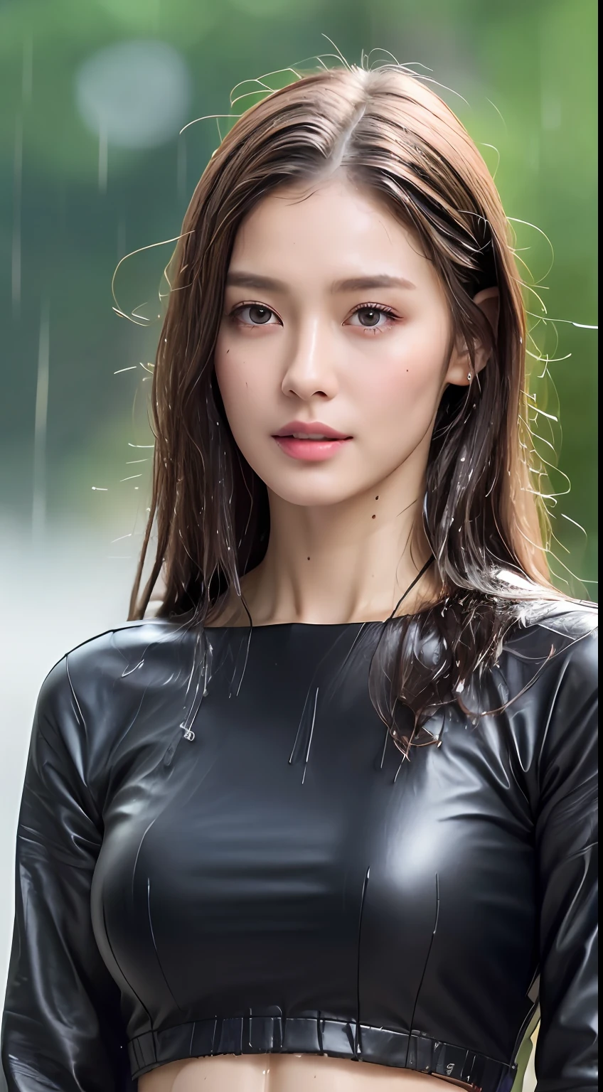 (Best quality, 4k, Masterpiece :1.3), gorgeous woman, 1girl, (skinny, perfect body :1.2), abs :1.1, dark brown hair: 1.1, (rainy wet, wet body :1.2), ultra-detailed face, detailed lips, detailed eyes, double eyelid