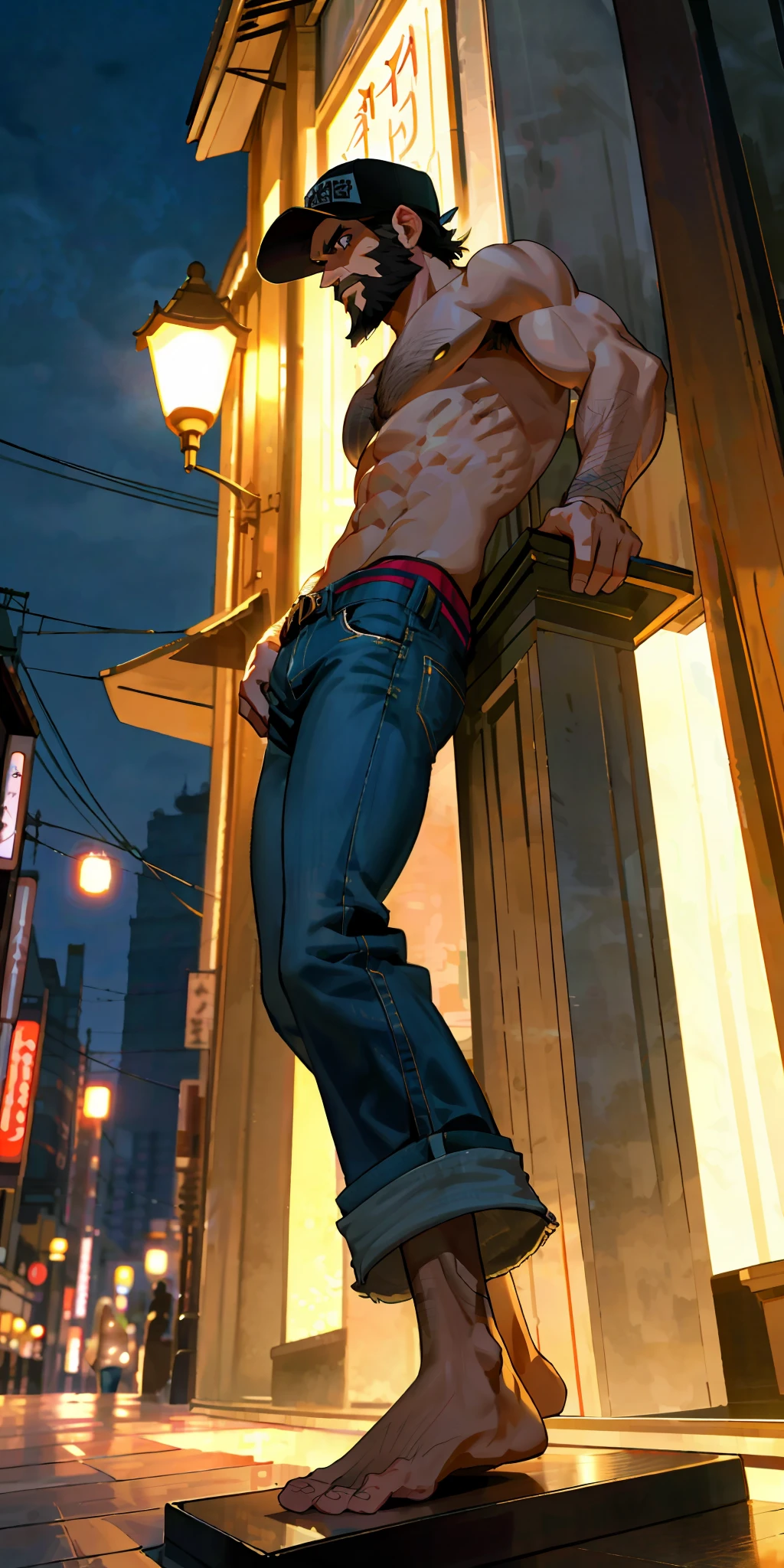 (Foot focus), 1man, short hair, toned, beard, baseball cap, barefoot, beautiful feet, shirtless, hairy body, open jeans, lamp post, masterpiece, best quality, high-res, ultra detailed, tokyo, night, candid pose, looking at the camera, front view,