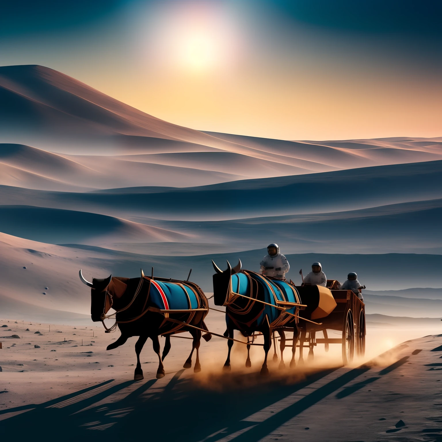 An ox cart on the moon in omib style, illustrator, masterpiece, high quality, 8k, high resolution, high detail cinematic overlay, vivid colors, cold soft lighting