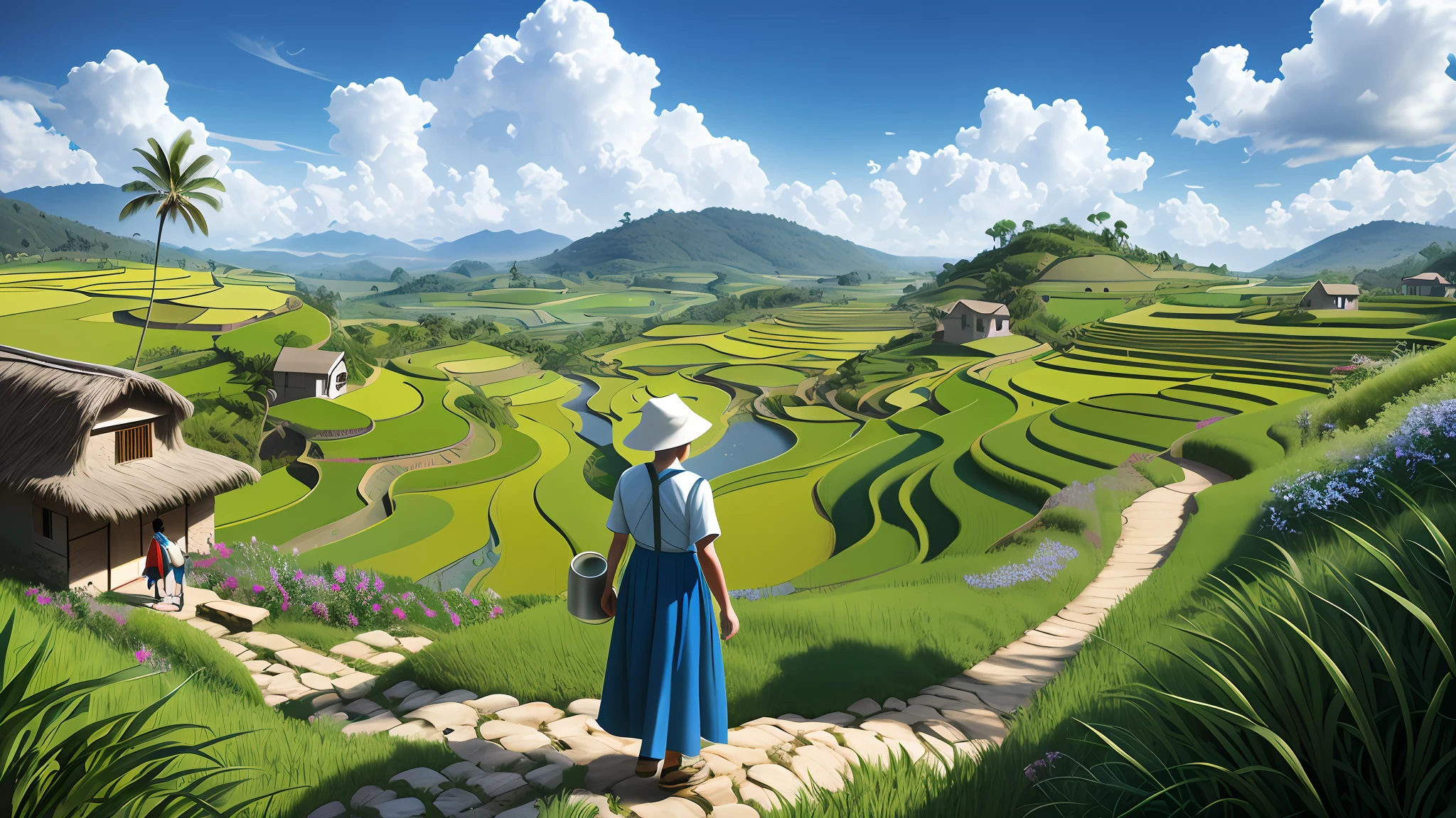An old farmer walking on the winding path of the villageside, young woman carrying a water pot, big clouds, blue sky, rice fields, neat rice seedlings in the field, group of palm tree near the farm, group of milk cows, hillside, secluded, countryside, HD detail, hyper-detail, cinematic, surrealism, soft light, deep field focus bokeh, ray tracing and surrealism. --v6
