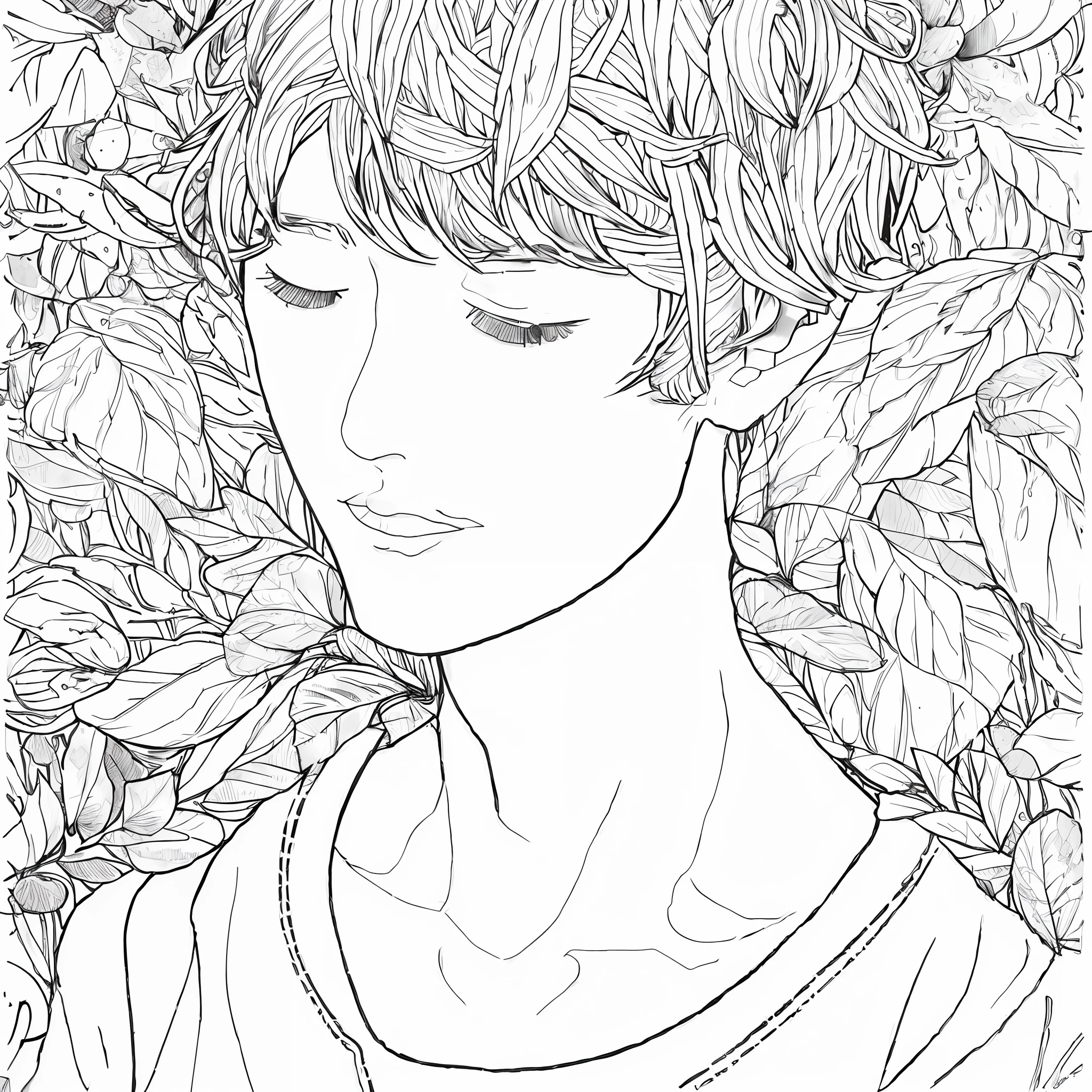 a black and white drawing of a young man with a flower in his hair, line art colouring page, clean coloring book page, extremely fine ink lineart, beautiful line art, handsome saitama. intricate, line art portrait, intense line art, lineart behance hd, line art!!, line art illustration, the flower prince, intricate manga drawing