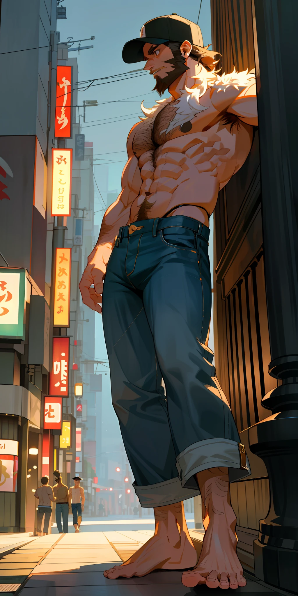 (Foot focus), 1man, short hair, toned, beard, baseball cap, barefoot, beautiful feet, shirtless, hairy body, open jeans, lamp post, masterpiece, best quality, high-res, ultra detailed, tokyo, night, candid pose, looking at the camera, front view,