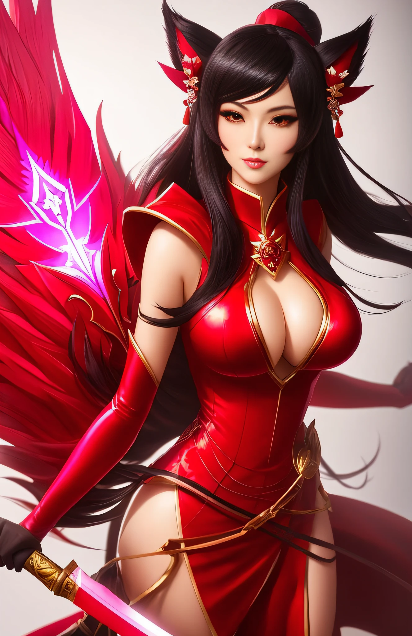 a close up of a woman in a red dress with a sword, ahri, ahri from league of legends, portrait of ahri, onmyoji detailed art, onmyoji, samira from league of legends, extremely detailed artgerm, style artgerm, artgerm detailed, artgerm style, as seen on artgerm, (huge breast: 1.8)