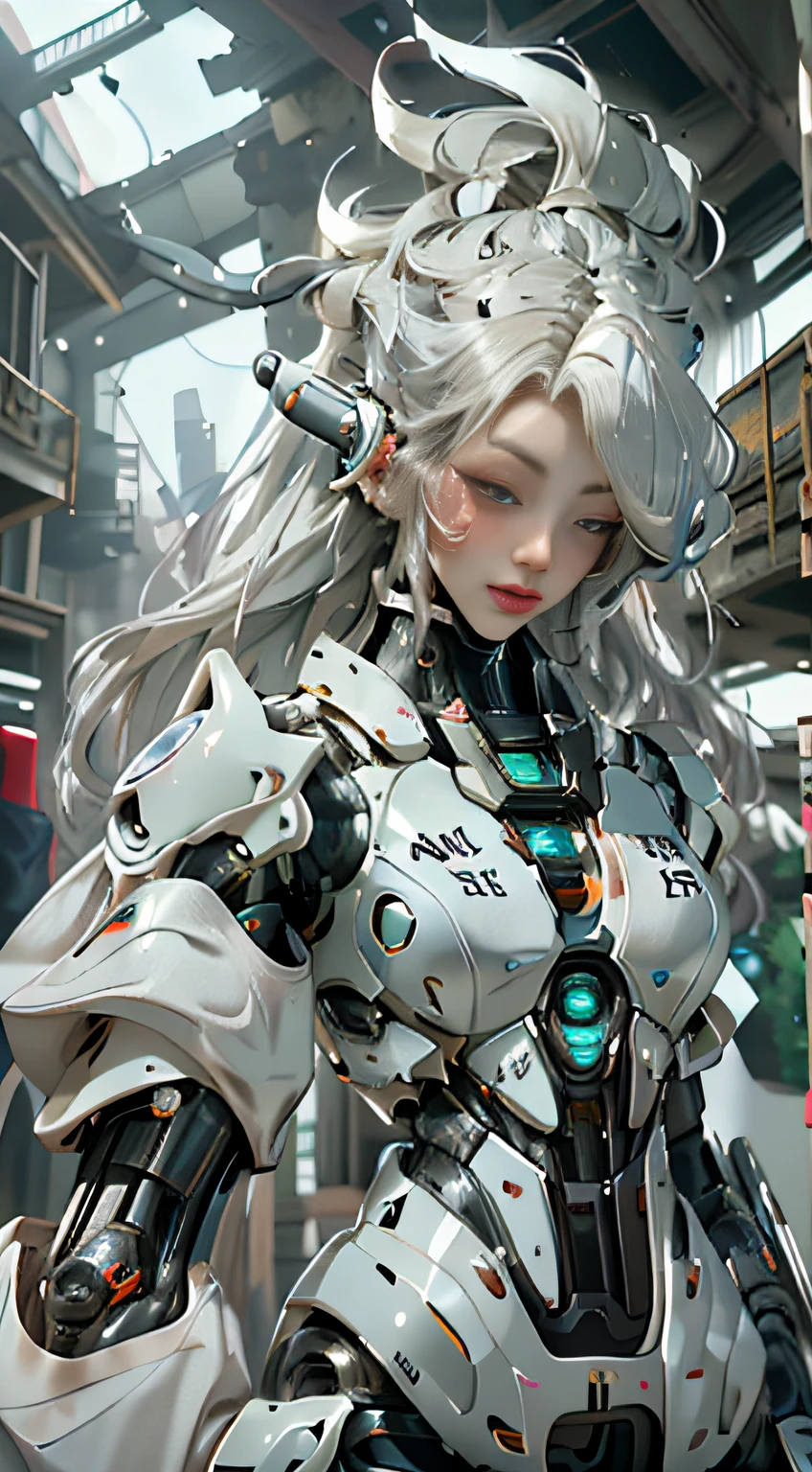 a close up of a woman with white hair and a robot suit, porcelain cyborg, perfect android girl, cute cyborg girl, integrated synthetic android, anime robotic mixed with organic, wlop and krenz cushart, wlop glossy skin, broken beautiful female android!, cyborg - girl with silver hair, guweiz masterpiece, beautiful female android!