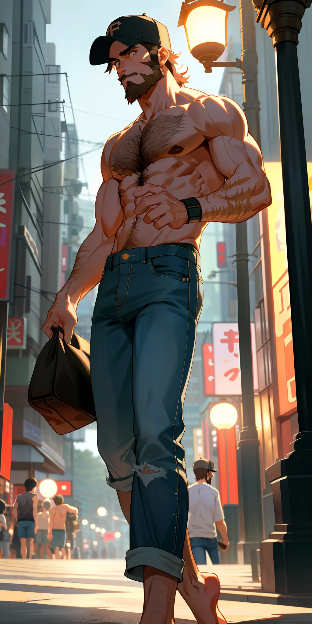 (Foot focus), 1man, short hair, toned, beard, baseball cap, barefoot, beautiful feet, shirtless, hairy body, open jeans, lamp post, masterpiece, best quality, high-res, ultra detailed, tokyo, night, candid pose, looking at the camera, front view,