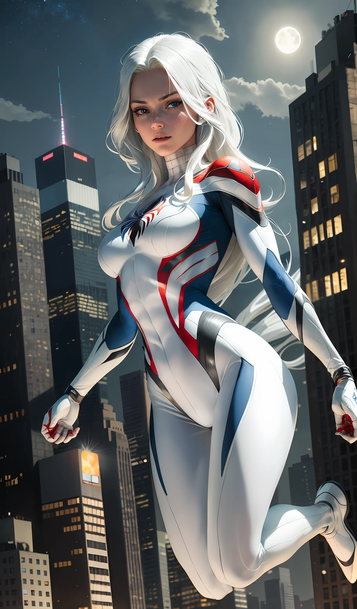 (Masterpiece, 4k resolution, ultra-realistic, very detailed), (White superhero theme, charismatic, there's a girl on top of town, wearing Spider-Man costume, she's a superhero), [ ((25 years), (long white hair:1.2), full body, (blue eyes:1.2), ((Spider-Man pose),show of strength, jumping from one building to another), ((sandy urban environment):0.8)| (cityscape, at night, dynamic lights), (full moon))] # Explanation: The Prompt mainly describes a 4K painting of ultra-high definition, very realistic, very detailed. It shows a superheroine at the top of the city, wearing a Spider-Man costume. The theme in the painting is a white superhero theme, the female protagonist has long white hair, is 25 years old and her entire body is shown in the painting. In terms of portraying the actions of superheroines, spiders are employed