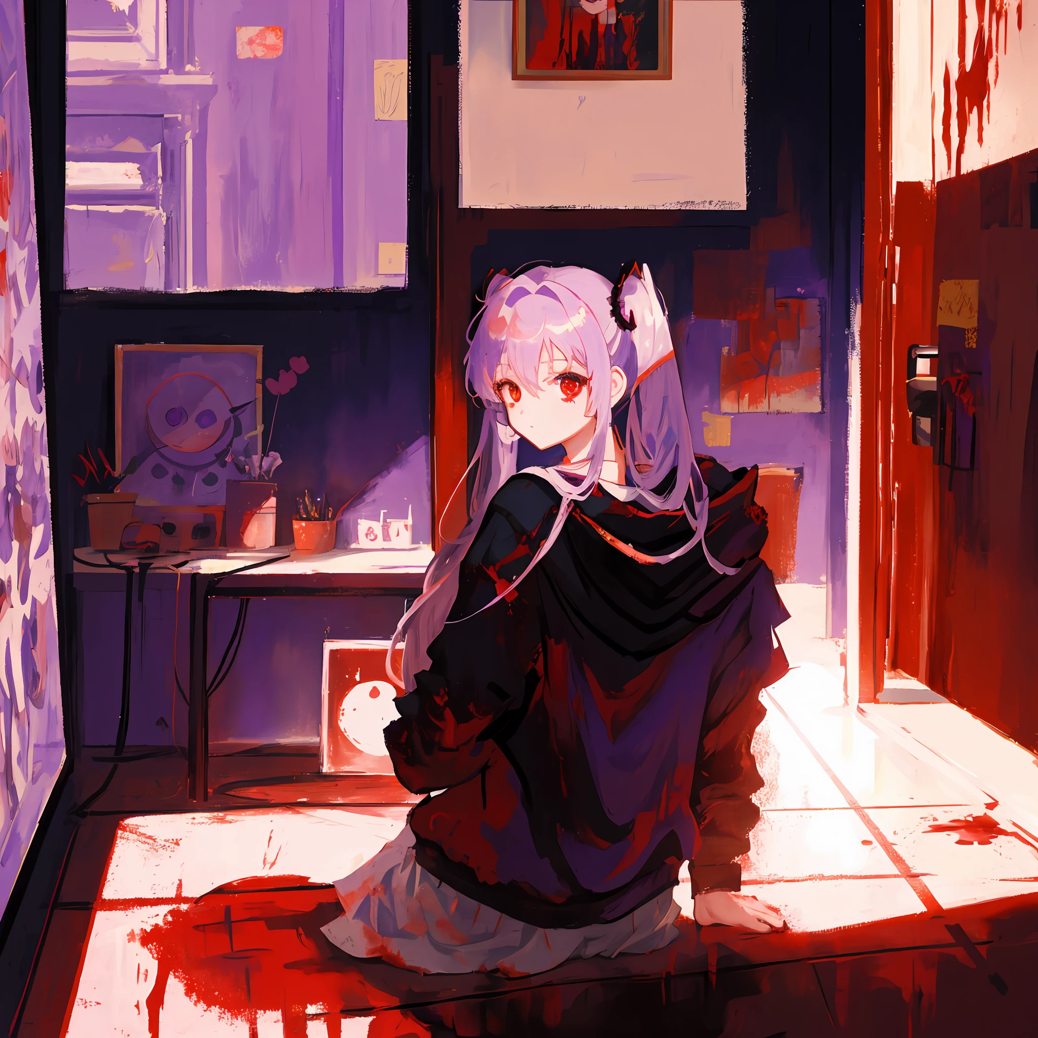1 girl, red eyes, purple pigtails, paintings, room with shadow, perfect lighting, blood