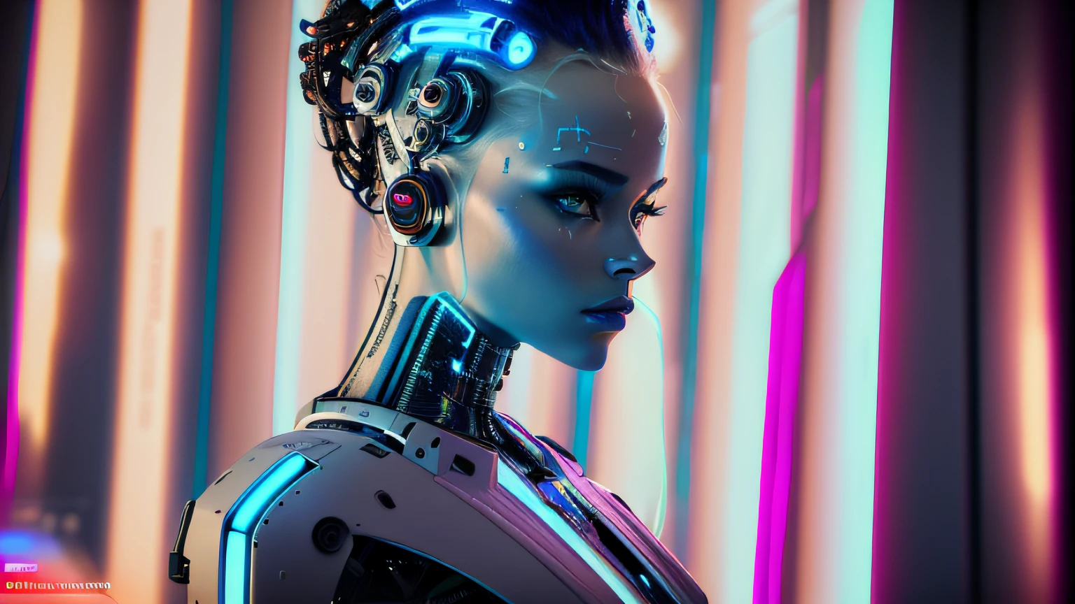 futuristic woman with futuristic hair and headphones in a room, portrait of a female android, portrait beautiful sci - fi girl, an image of a beautiful cyborg, portrait of a cyberpunk cyborg, beutiful girl cyborg, beautiful cyborg girl, beautiful cyberpunk woman model, portrait of female android, portrait of a sci - fi woman, beautiful female android, dreamy cyberpunk girl, cyborg fashion model