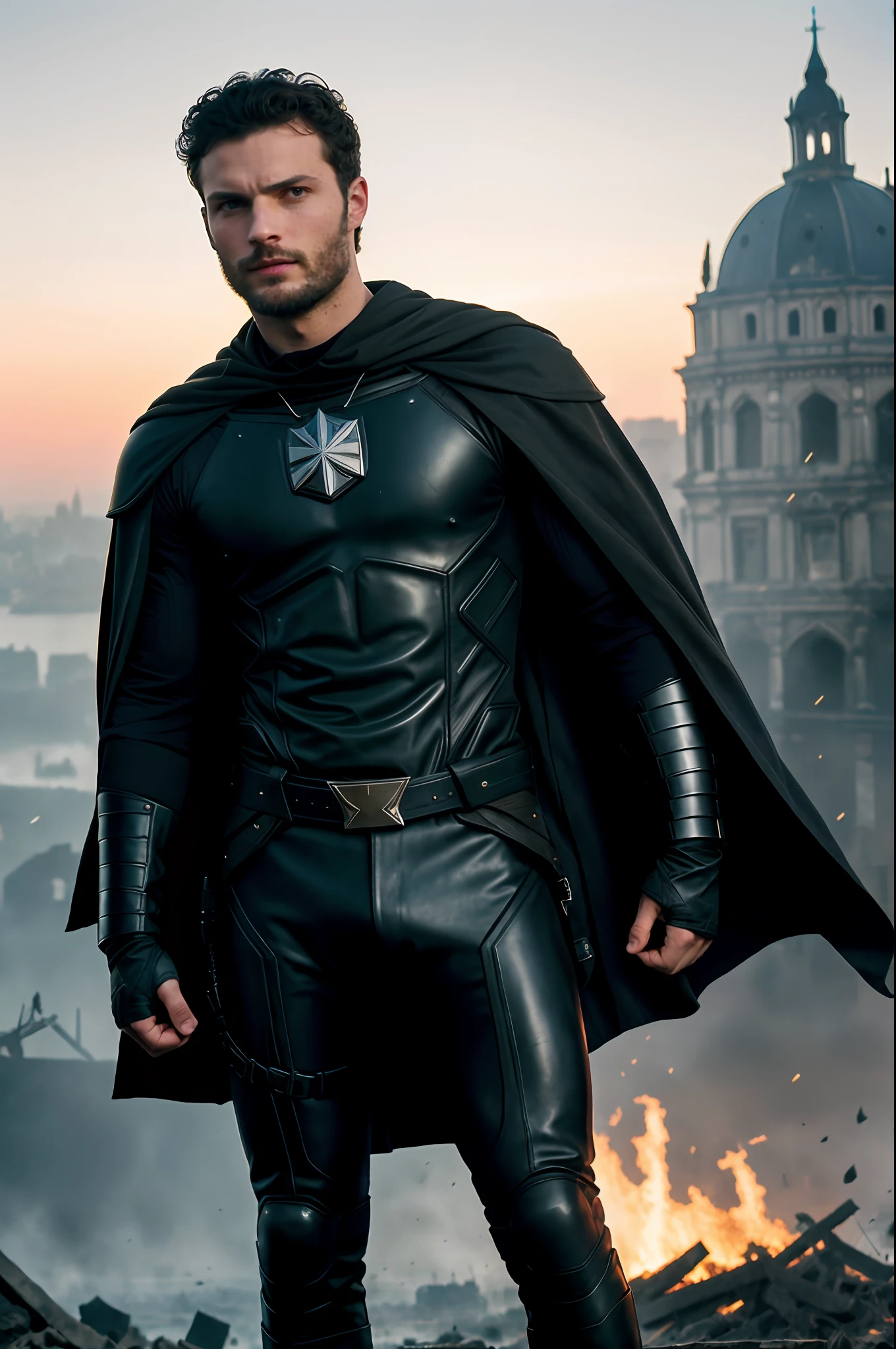 create a hero), wearing black armor of the captain homeland of the series Theboys, strong and muscular, long black cape, Jamie Dornan, strong and muscular, (brunette with model face), wearing dark beard, dark short hair, man similar to actor jamie dornan, (high quality and realistic image), destroyed city background, cinematic style, ((Best quality, 8k, Masterpiece).