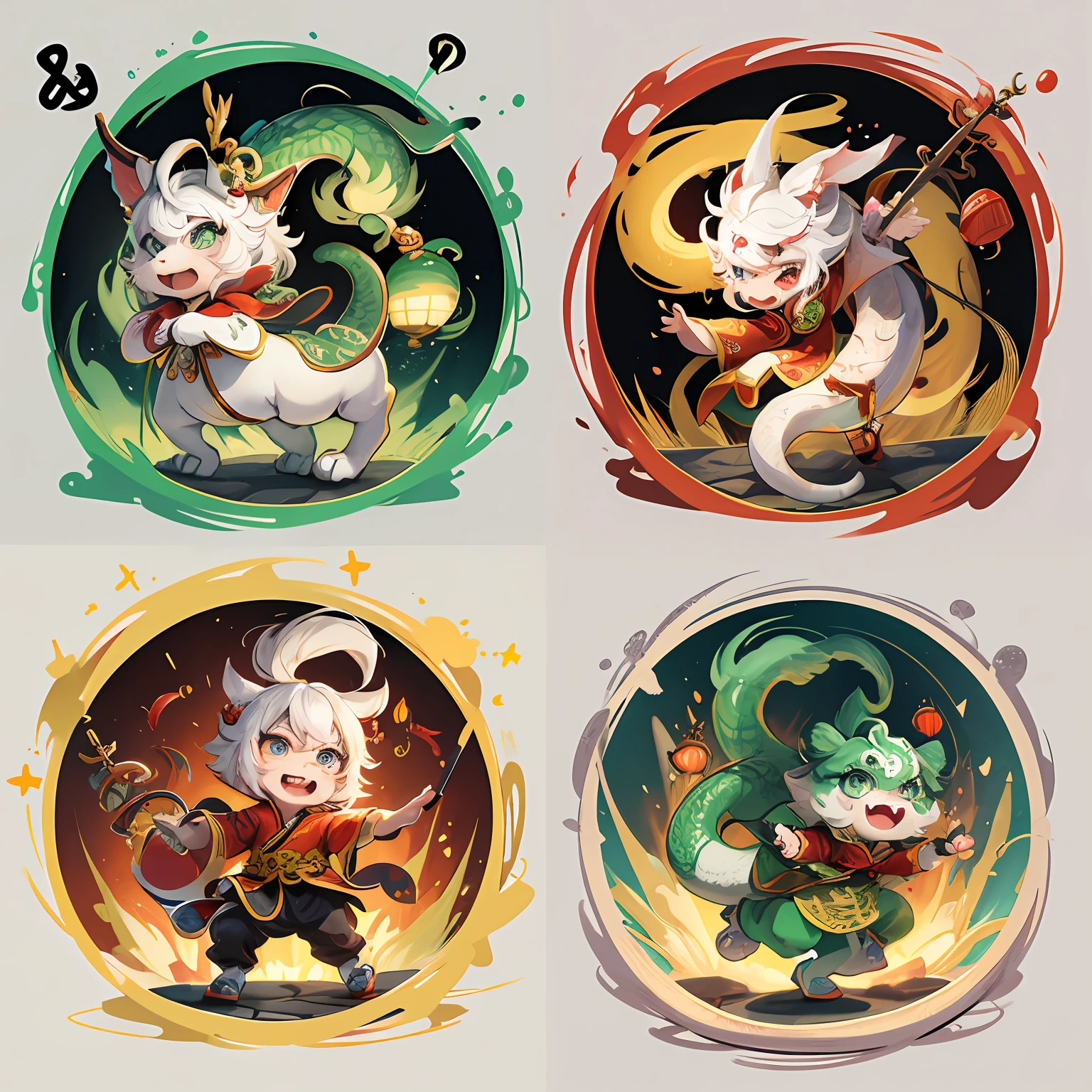 four different illustrations of a cat and a cat with a dragon, onmyoji detailed art, cute cyber gods, onmyoji, jazza and rossdraws, wlop rossdraws, character illustrations, league of legends art style, league of legends style art, colored concept art, character artwork, detailed fanart, onmyoji portrait, fantasy game art style