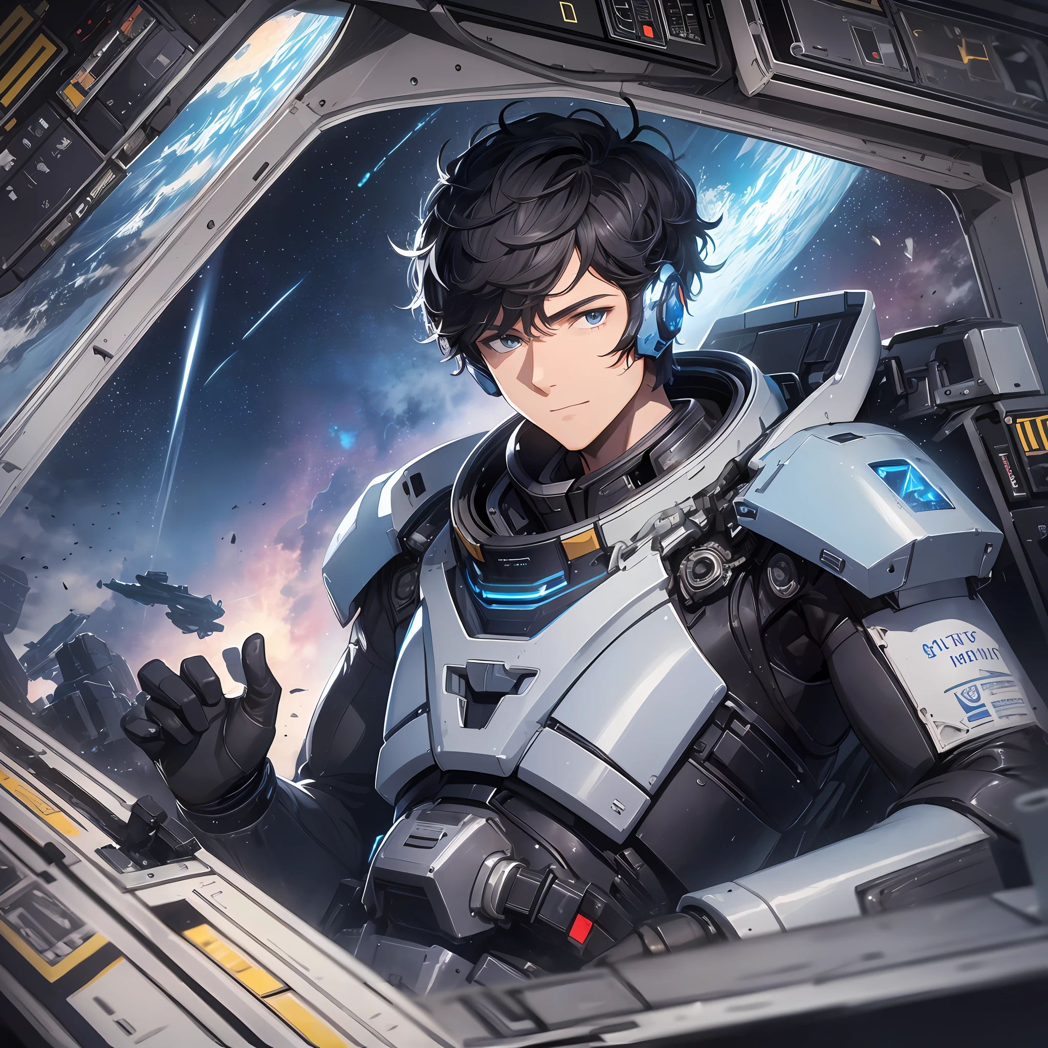Absurd resolution, high resolution, (masterpiece: 1.4), hyper-detail, young man messy black short-haired pilot dressed up, smug expression, in an extremely narrow mech cockpit, operating a mecha, a blue planet can be seen from space outside the window (1.2)