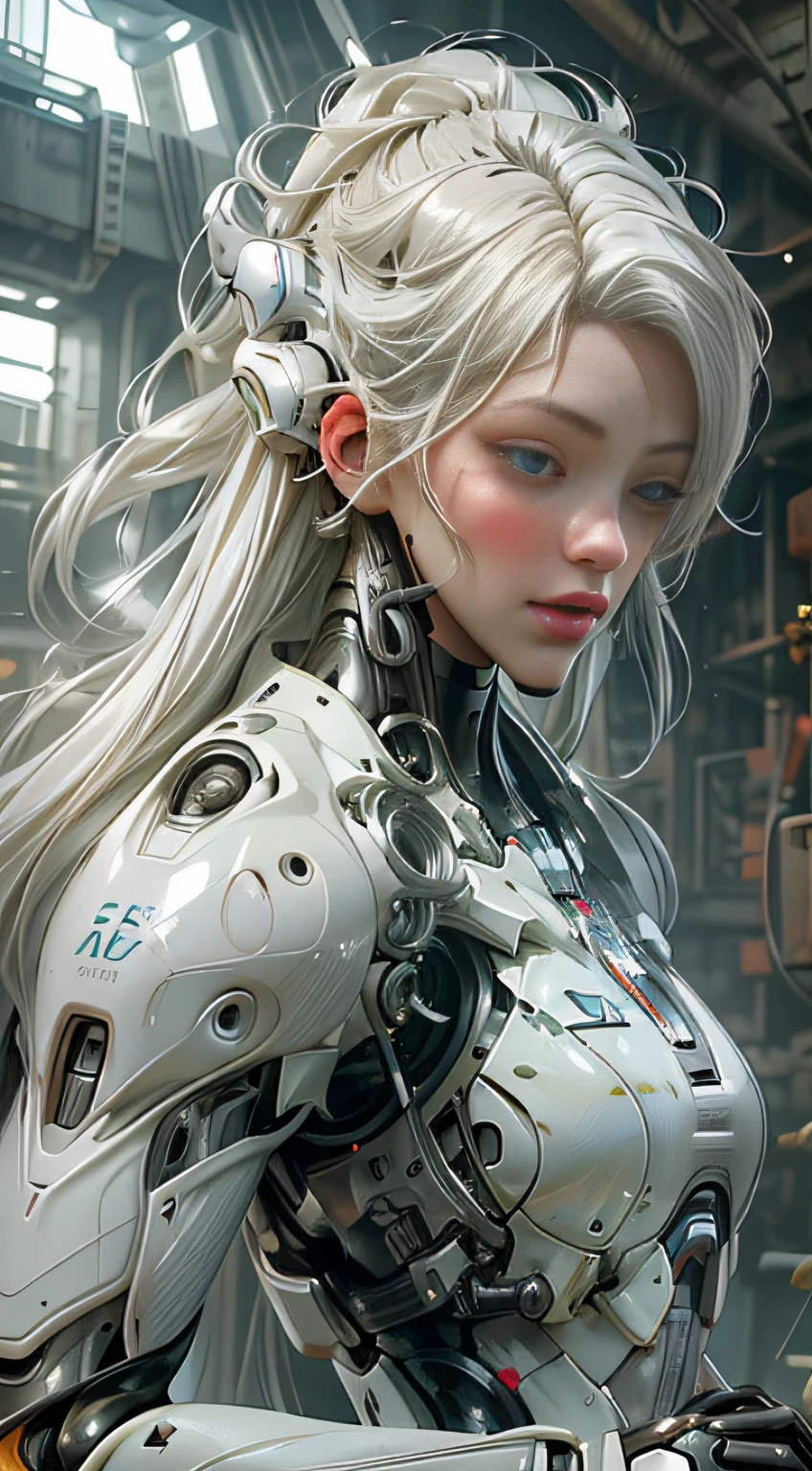 a close up of a woman with white hair and a robot suit, porcelain cyborg, perfect android girl, cute cyborg girl, integrated synthetic android, anime robotic mixed with organic, wlop and krenz cushart, wlop glossy skin, broken beautiful female android!, cyborg - girl with silver hair, guweiz masterpiece, beautiful female android!