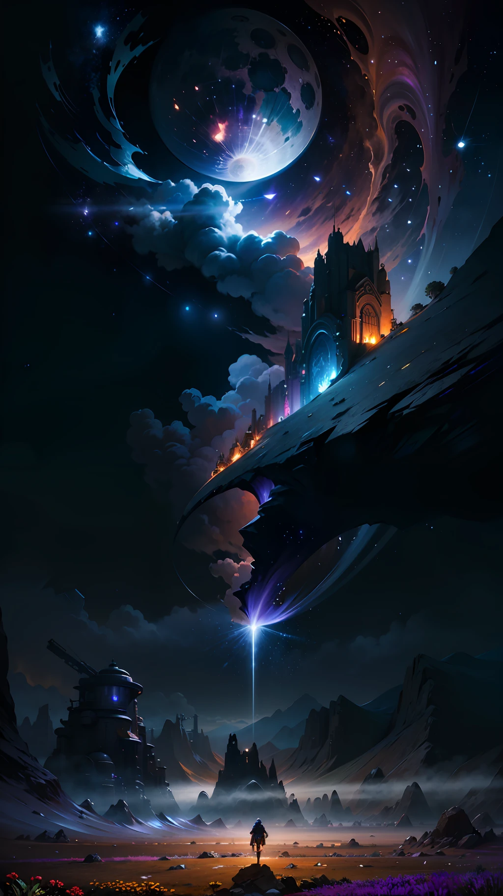 expansive landscape photography, (a view from below that shows the sky above and the open field below), a girl standing in a field of flowers looking up, (full moon: 1.2), (shooting stars: 0.9), (nebula: 1.3), distant mountain, tree BREAK production art, (hot light source: 1.2), (Firefly: 1.2), lamp, very purple and orange, complex details, volumetric lighting, realism BREAK (masterpiece: 1.2), (best quality), 4k, ultra-detailed, (dynamic composition: 1.4), highly detailed, colorful details, (iridescent colors: 1.2), (bright lighting, atmospheric lighting), dreamy, magical, (solo: 1.2)rendered in Unreal Engine, peeled sky, broken winds, sky between cracks, realistic material details, extreme details, hyper-realistic materials, Unreal rendering concept art Engine, broken sky, Unreal Engine art, dramatic lighting. Concept art, rendered in Unreal 5, ((Unreal Engine)), Unreal Engine Art 5