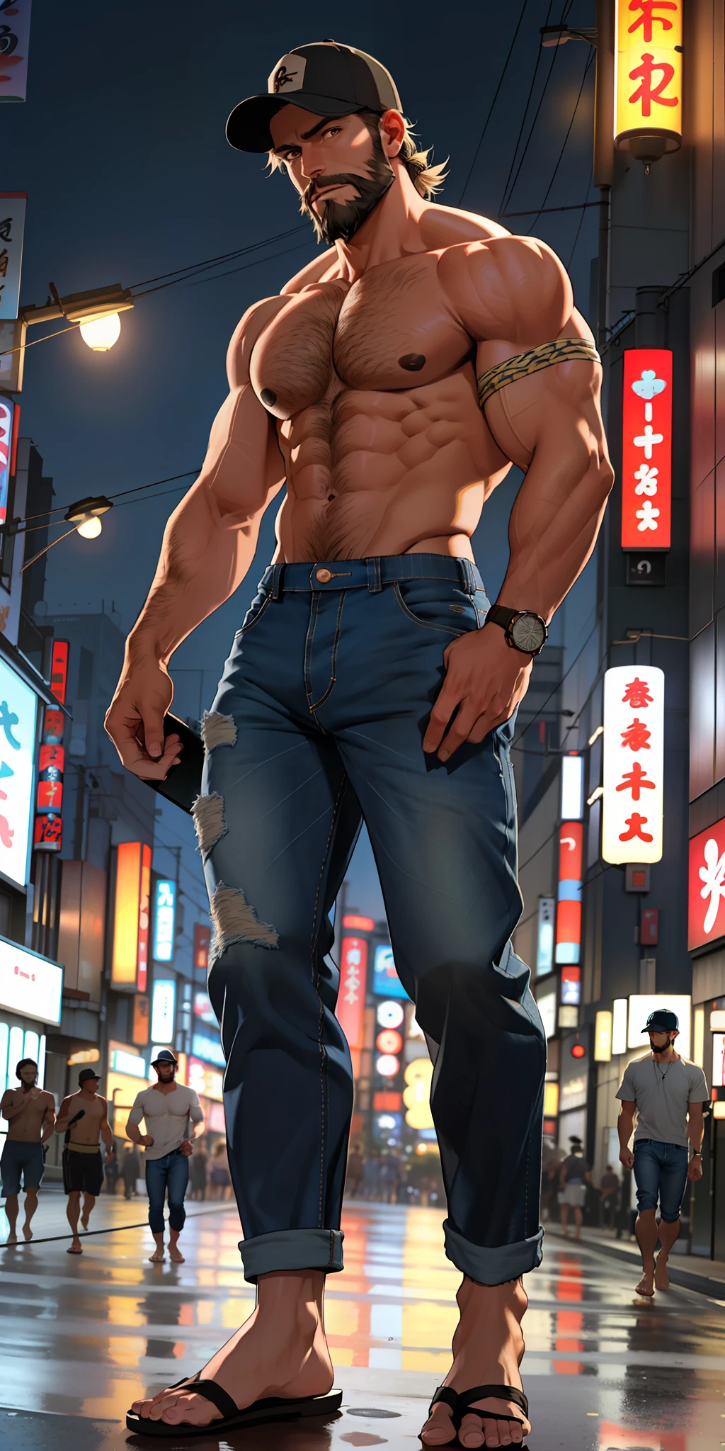 (Foot focus), 1man, short hair, toned, beard, baseball cap, barefoot, beautiful feet, shirtless, hairy body, open jeans pants, (underwear showing:1.3), lamp post, masterpiece, best quality, high-res, ultra detailed, tokyo, night, candid pose, looking at the camera, front view,