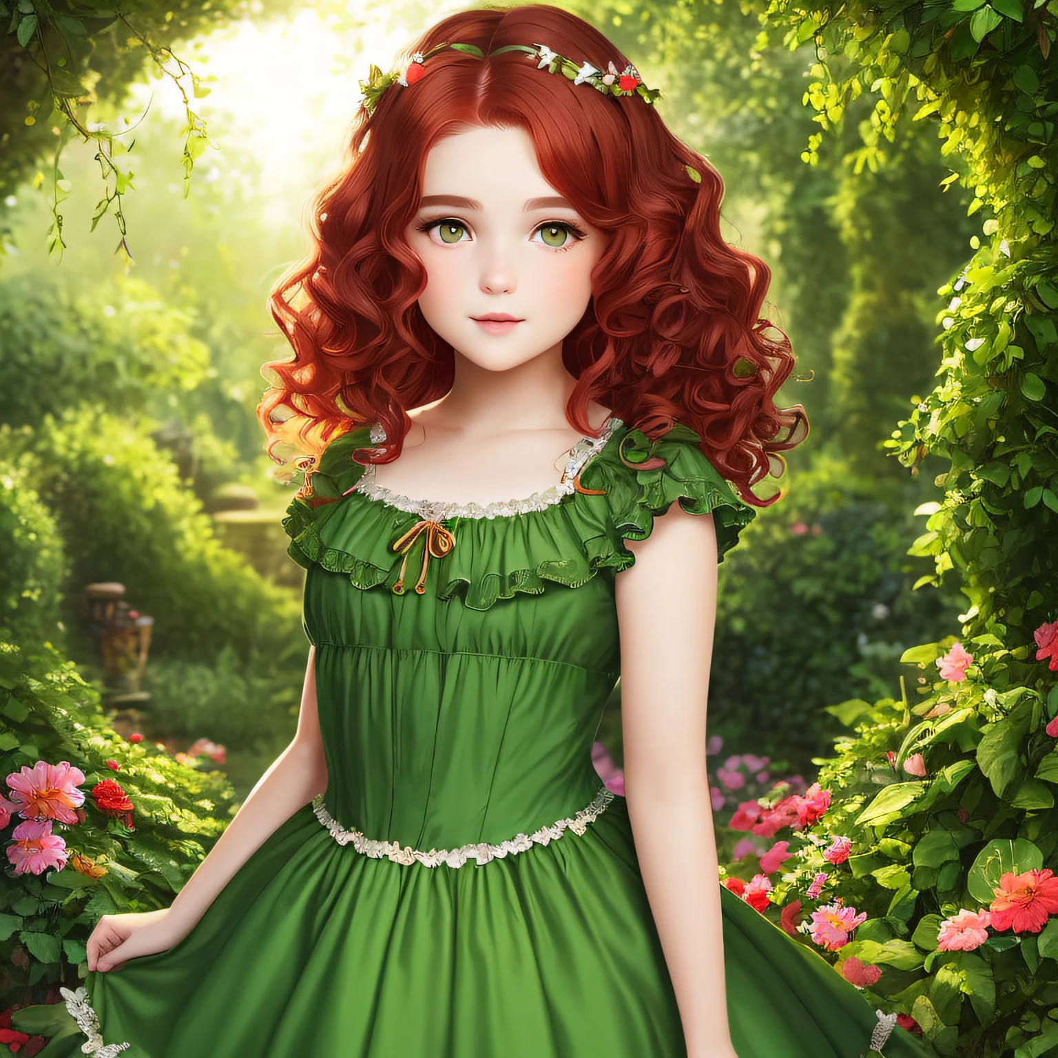 olive skin, detailed beautiful young chubby melanie wilkes character, red hair, medium and wavy hair, detaiiled perfect bright green eyes, delicate symmetric realistic and beautiful face, (sunny garden backgroung), fairy, full body, masterpiece, absurdres,fine detail, rich colors, dramatic lighting, extremely detailed, cinematic lighting