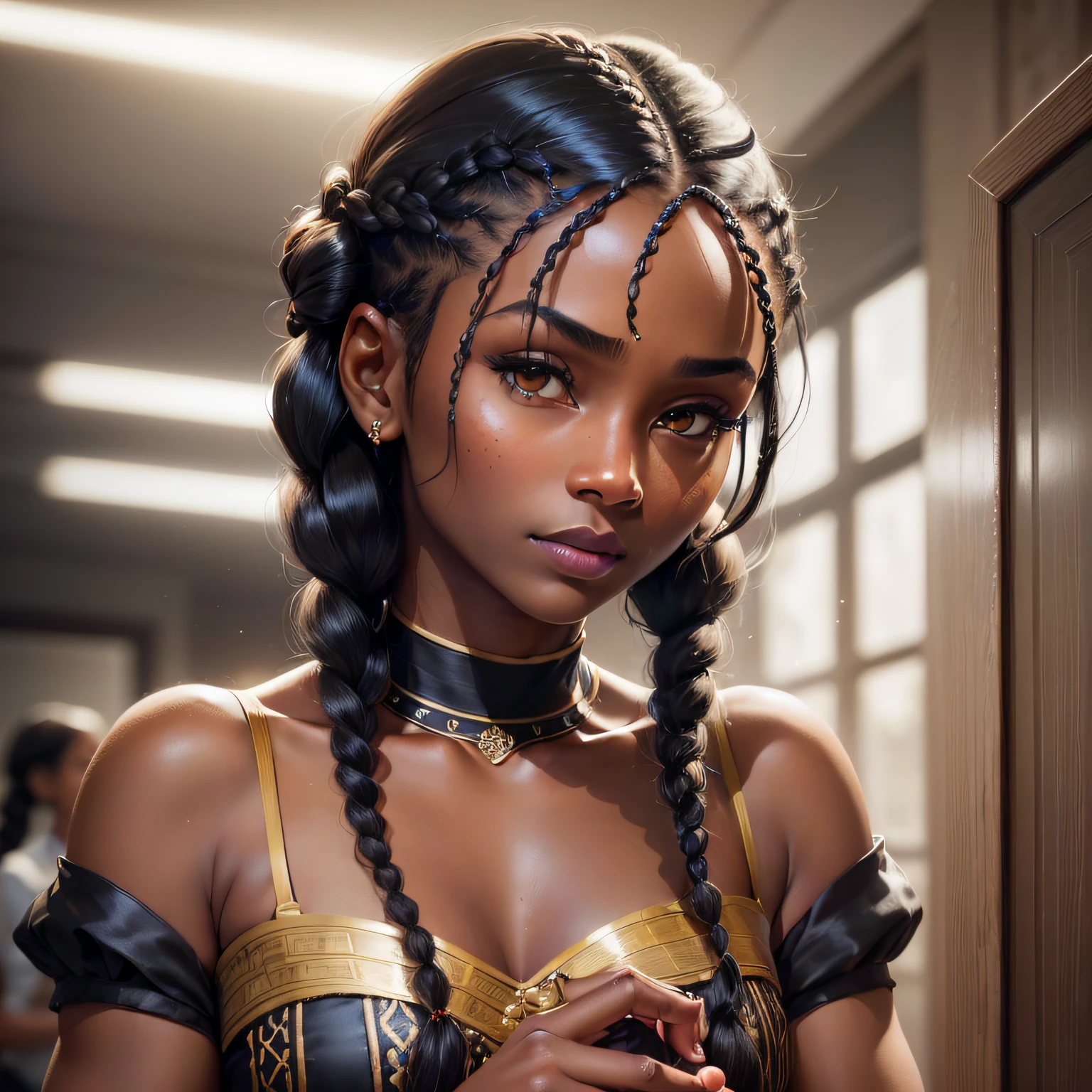 (knotless_braid_hairstyle:1.3),dark skin woman posing for a photo, wearing elegant dress,
good hand,4k, high-res, masterpiece, best quality, head:1.3,((Hasselblad photography)), finely detailed skin, sharp focus, (cinematic lighting), night, soft lighting, dynamic angle, [:(detailed face:1.2):0.2],(((in hair salon))), --auto --s2