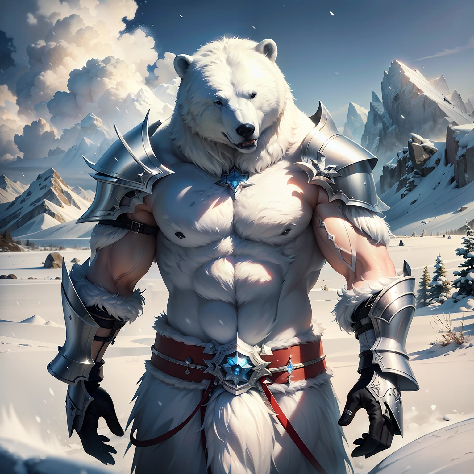 (extremely realistic CG artwork, best quality, ultra-detailed),polar bear,cold ice ,snowy mountains,heavy snow,blizzard,silver sword,shining shield,strong and brave warrior.