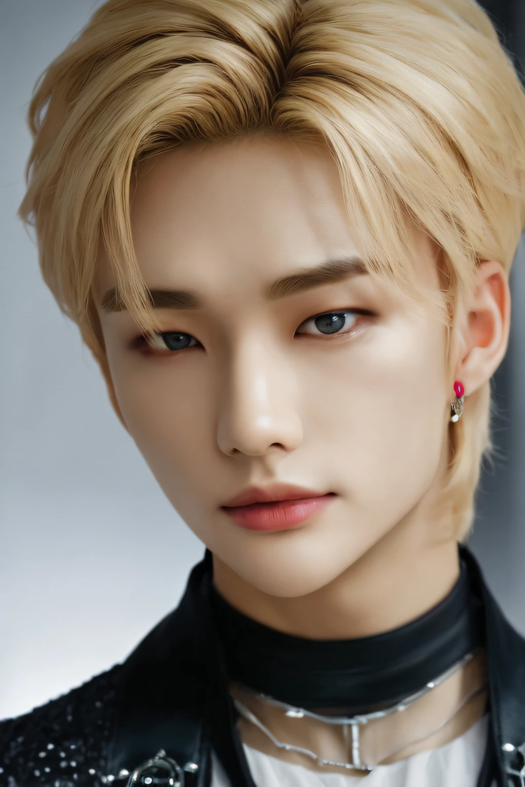 Hyunstayv2, frontal, sparkling, split lips, (blonde hair:1.2), abdomen, (ultra realistic:1.2), (close-up photo:1.1), (gothic background of European castle:1.2), (intricate:1.2), (looking at the viewer:1.2),