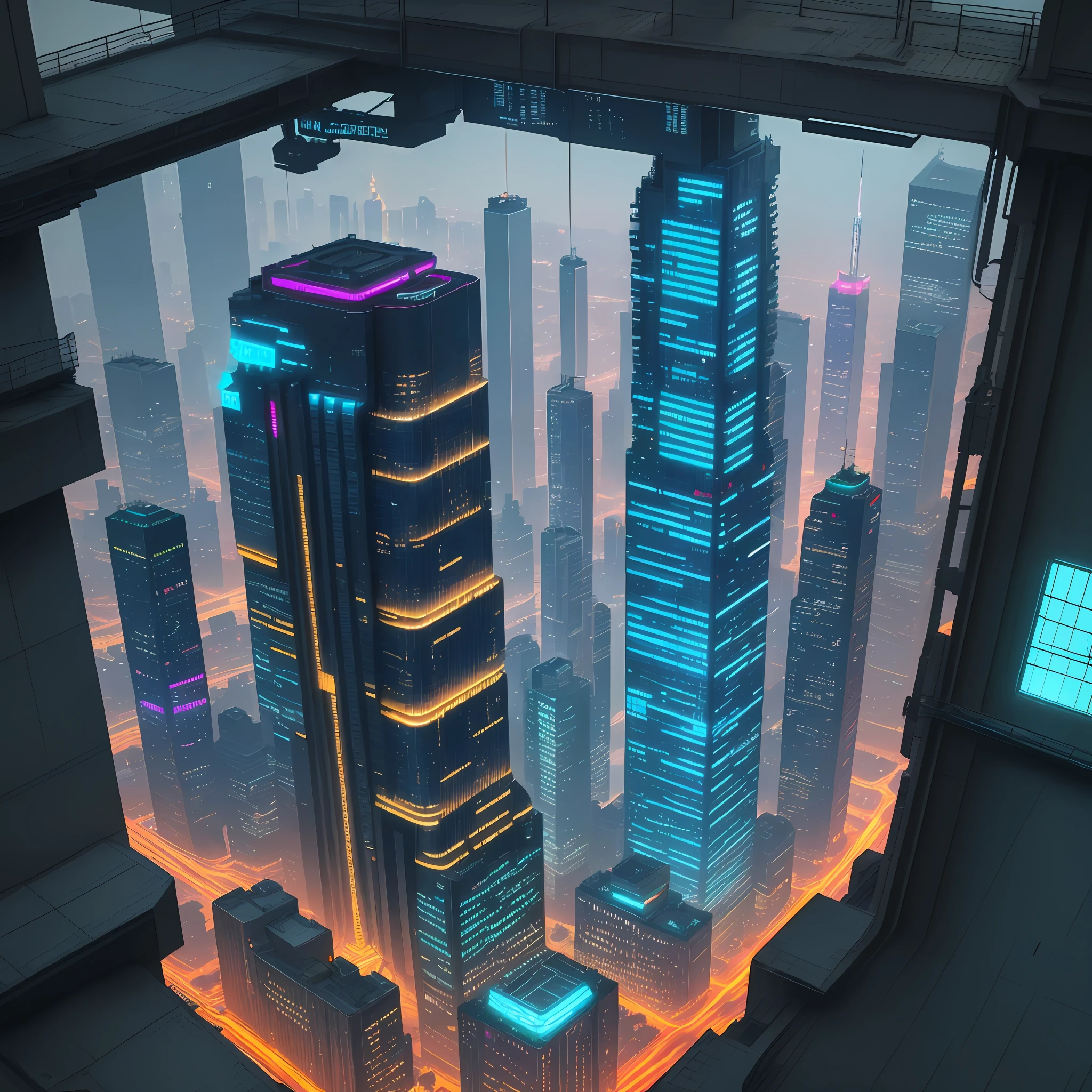 (shining, strong cyberpunk style, high-tech city, aerial view, multi-storey building)