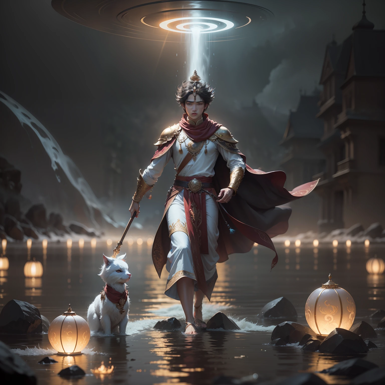 Manjushri walking on water in a storm, masterpiece, best quality, high quality, extremely detailed CG unit 8k wallpaper, award winning photography, bokeh, depth of field, HDR, floodlight, chromatic aberration, realistic, very detailed, popular on artstation, popular on CGsociety, complex, high detail, dramatic, art on the go, volumetric lighting, delicate face and kind eyes