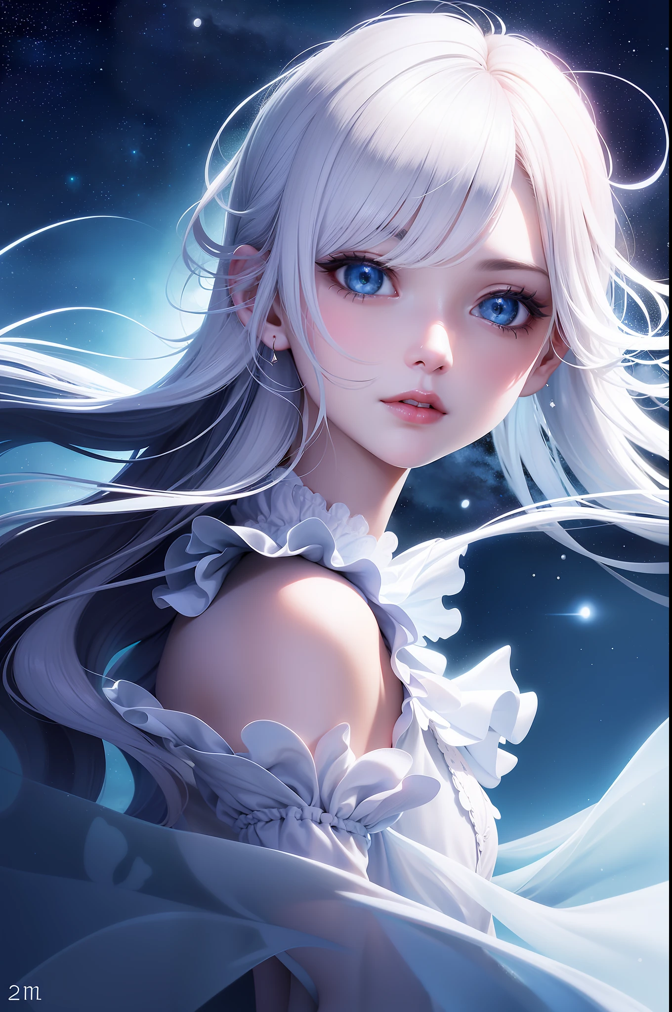 Masterpiece, (Best Quality: 1.2), (Super Fine: 1.2), Illustration, (Extremely Delicate and Beautiful: 1.2), Film Angle, Floating, (Beautiful Detail Eye: 1.1), (Detail Light: 1.1), Film Lights, Delicate Sky, Woman, White Hair, Blue Eyes, (High Ponytail: 1.1), Cloak, Glowing Eyes, (Moon: 1.2), (Moonlight: 1.1), Starry Sky, (Light Particles: 1.1), Fog , snow painting, sketching, blooming