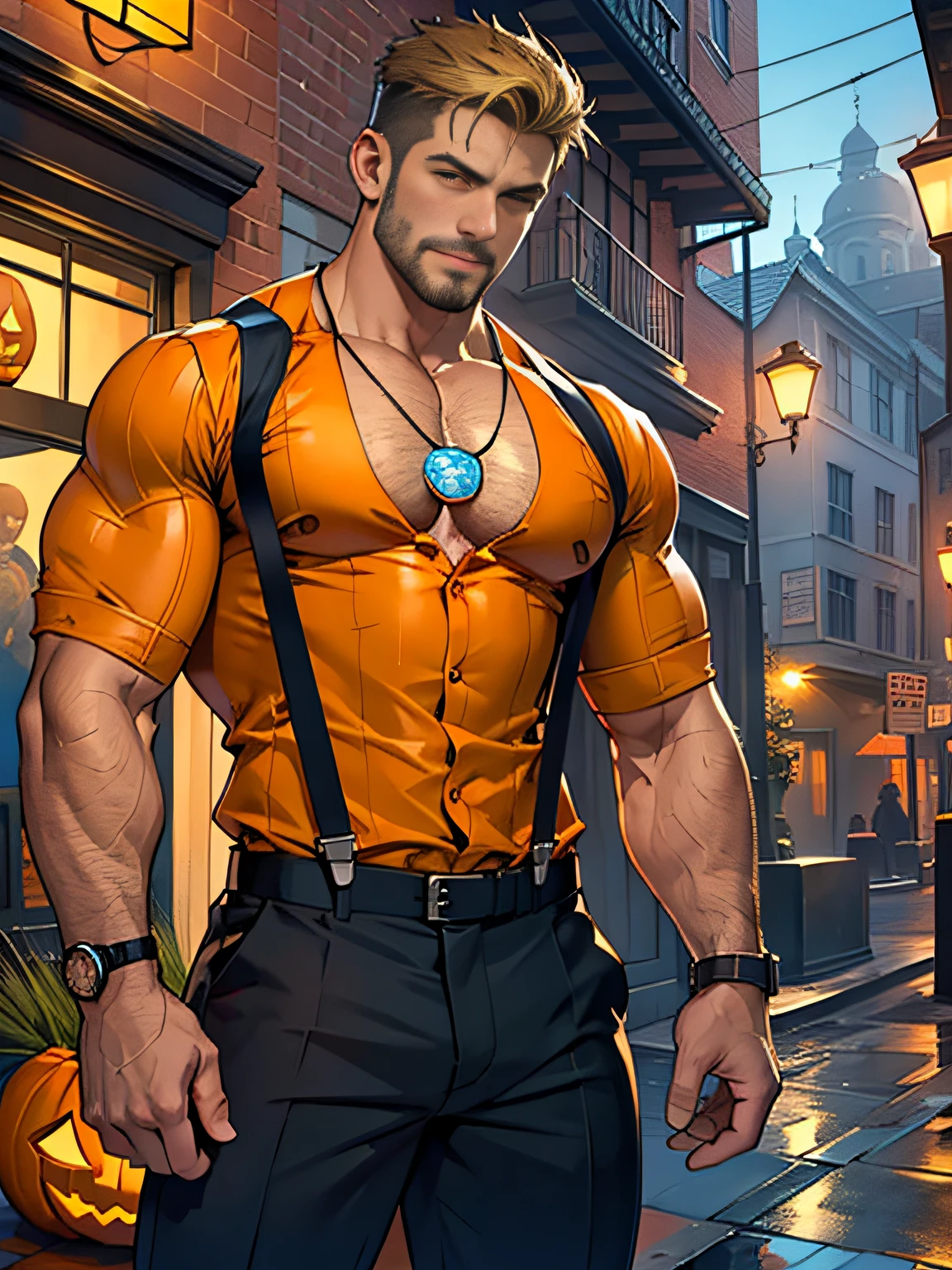 30 years old, big eyes, male, stubble, short hair, huge muscles, exaggerated muscles, mature man, muscle swelling, bodybuilding, pectoral muscles, abs, in the courtyard of European sculpture, jack-o'-lantern, orange striped shirt, open shirt, pumpkin badge, jack-o'-lantern necklace, orange suspenders, martin boots, natural light, wet, wheat-colored skin, 1man, tattoo on forearm, Halloween ornaments, night,