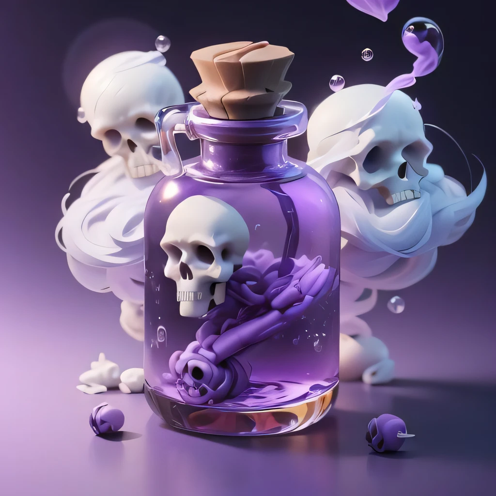 3DMM, 3d render, purple background, gameicon, bottle with purplewater, skull,  ((purple smokes background):1.2), bubbles on water,   ((best quality, masterpiece, absurdres):1.2),