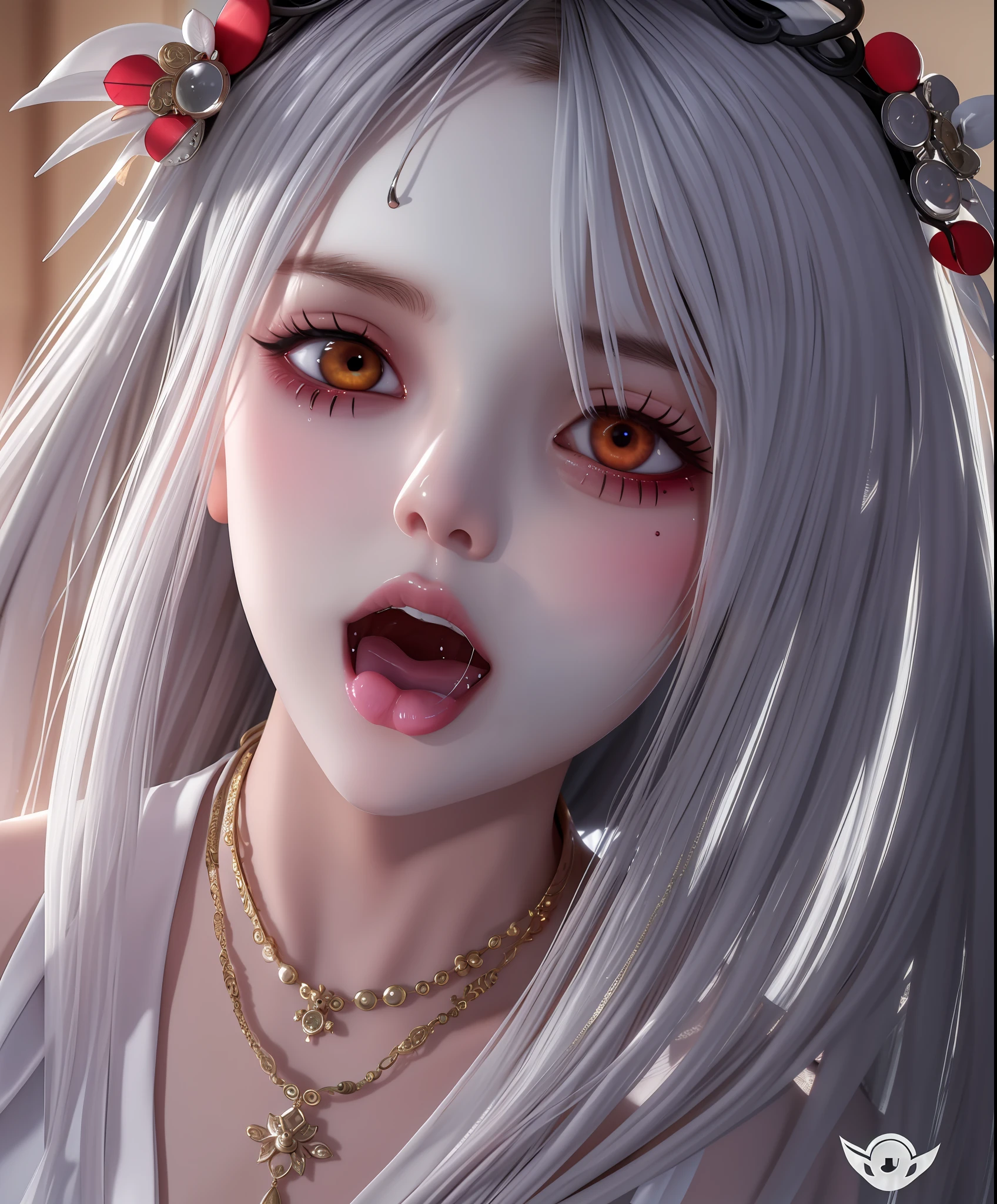 Best Quality, Masterpiece, High Resolution, 1Girl, Zombie, Bleak White Skin, Red Eye, Tongue Out, Ancient Taoist Robe, Talismans, Hair Accessories, Necklaces, Jewelry, Beautiful Face, Physically, Tyndall Effect, Realism, Temple, Edge Lighting, Two-tone Lighting, (High Detail Skin: 1.2), 8K UHD, DSLR, Soft Light, High Quality, Volumetric Light, Voyeur, Photos, High Resolution, 4K, 8K, Background Blur,
