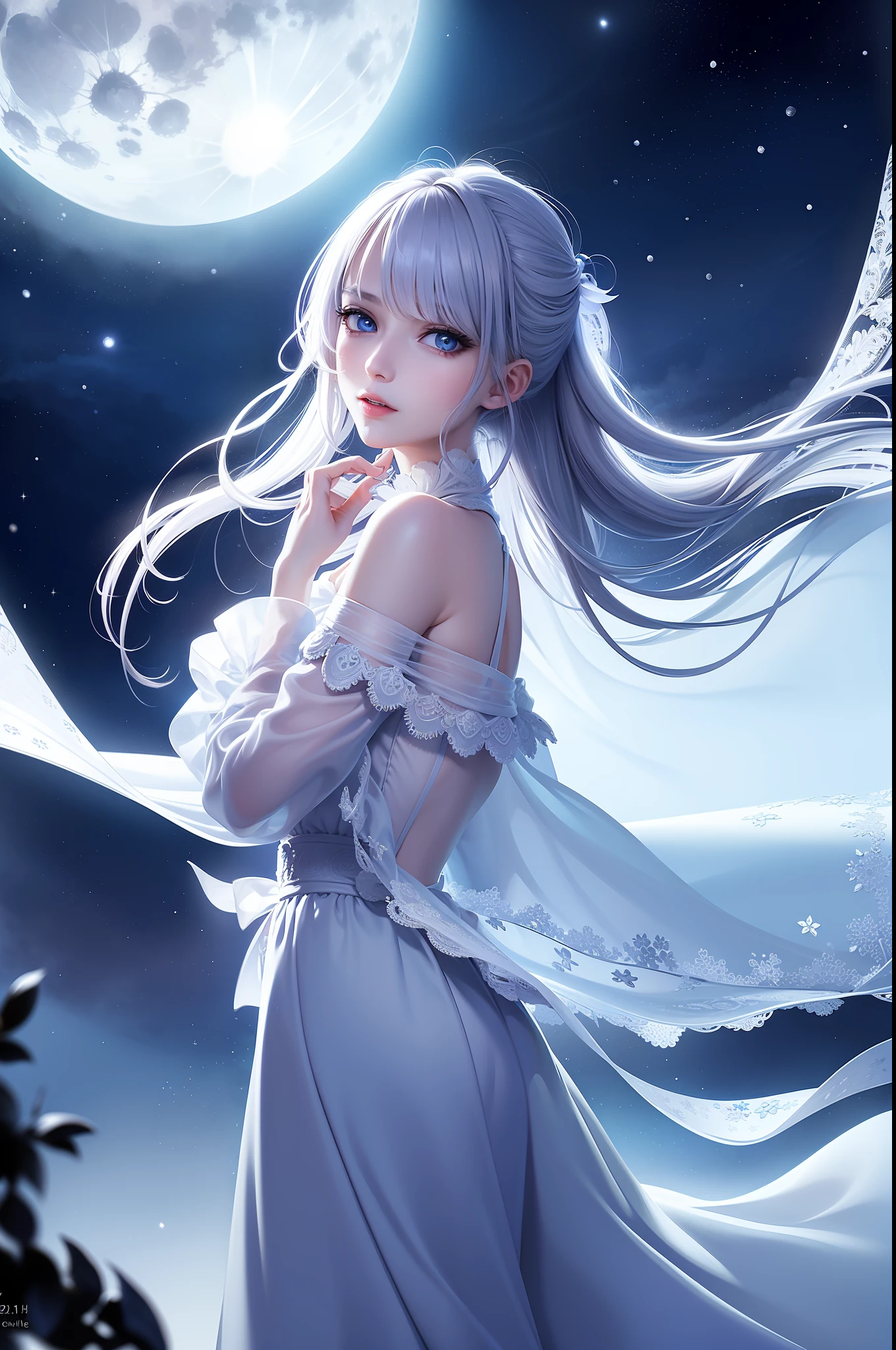 Masterpiece, (Best Quality: 1.2), (Super Fine: 1.2), Illustration, (Extremely Delicate and Beautiful: 1.2), Film Angle, Floating, (Beautiful Detail Eye: 1.1), (Detail Light: 1.1), Film Lights, Delicate Sky, Woman, White Hair, Blue Eyes, (High Ponytail: 1.1), Cloak, Glowing Eyes, (Moon: 1.2), (Moonlight: 1.1), Starry Sky, (Light Particles: 1.1), Fog , snow painting, sketching, blooming