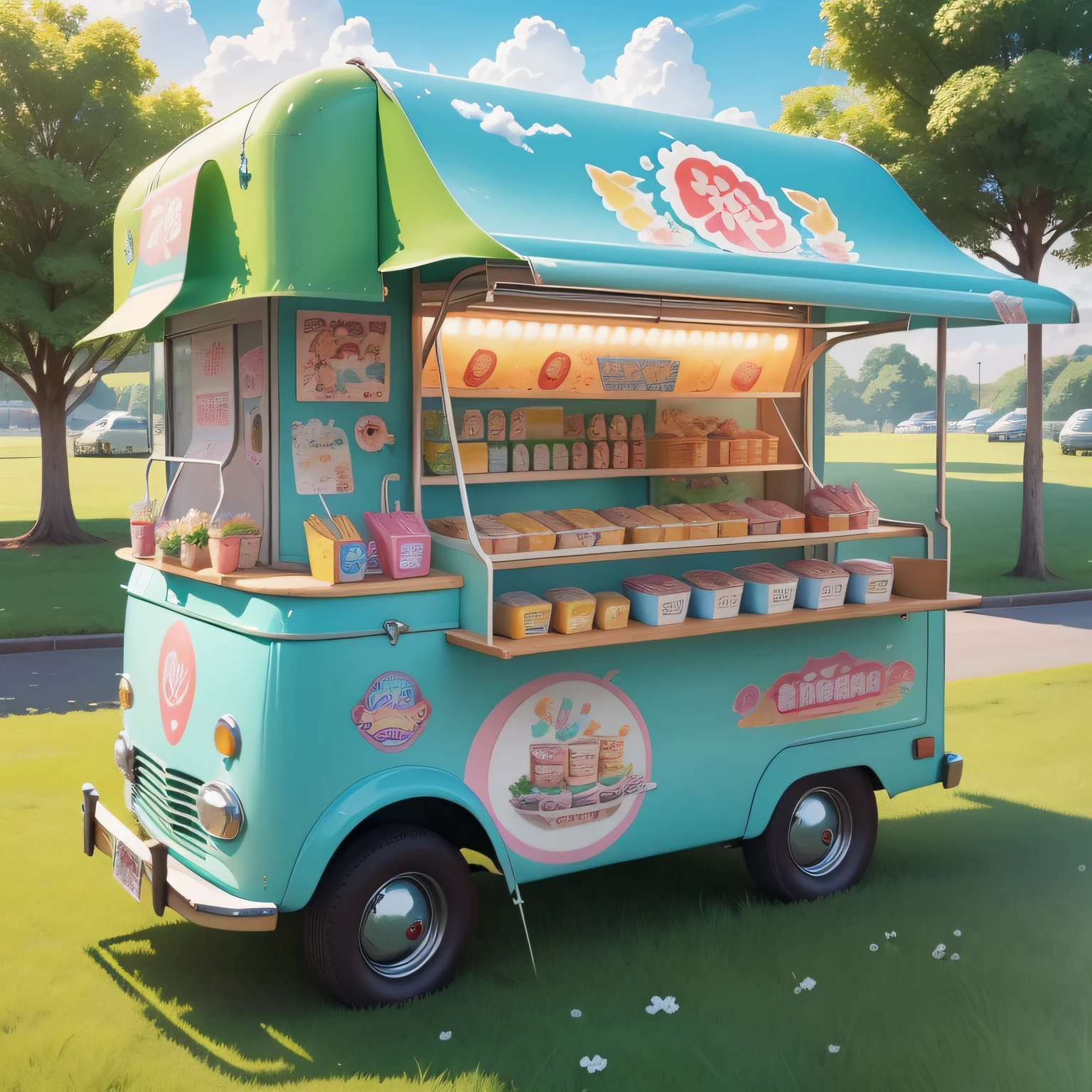 Anime scene of Xiaoice ice cream mobile car on the meadows of the green grassland blue sky and white clouds Ice cream truck in the middle of the picture Don't account for too much, official artwork, propaganda art, colorful anime movie background, official art, anime background art, only one ice cream food stall, official illustration, making art, official fan art, mobile game art, background art, ice cream truck, summer, fresh, sunshine halo, natural scenery background, movie lighting, super high resolution, background is natural scenery, natural green, Do not appear characters, summer heat, slightly look up