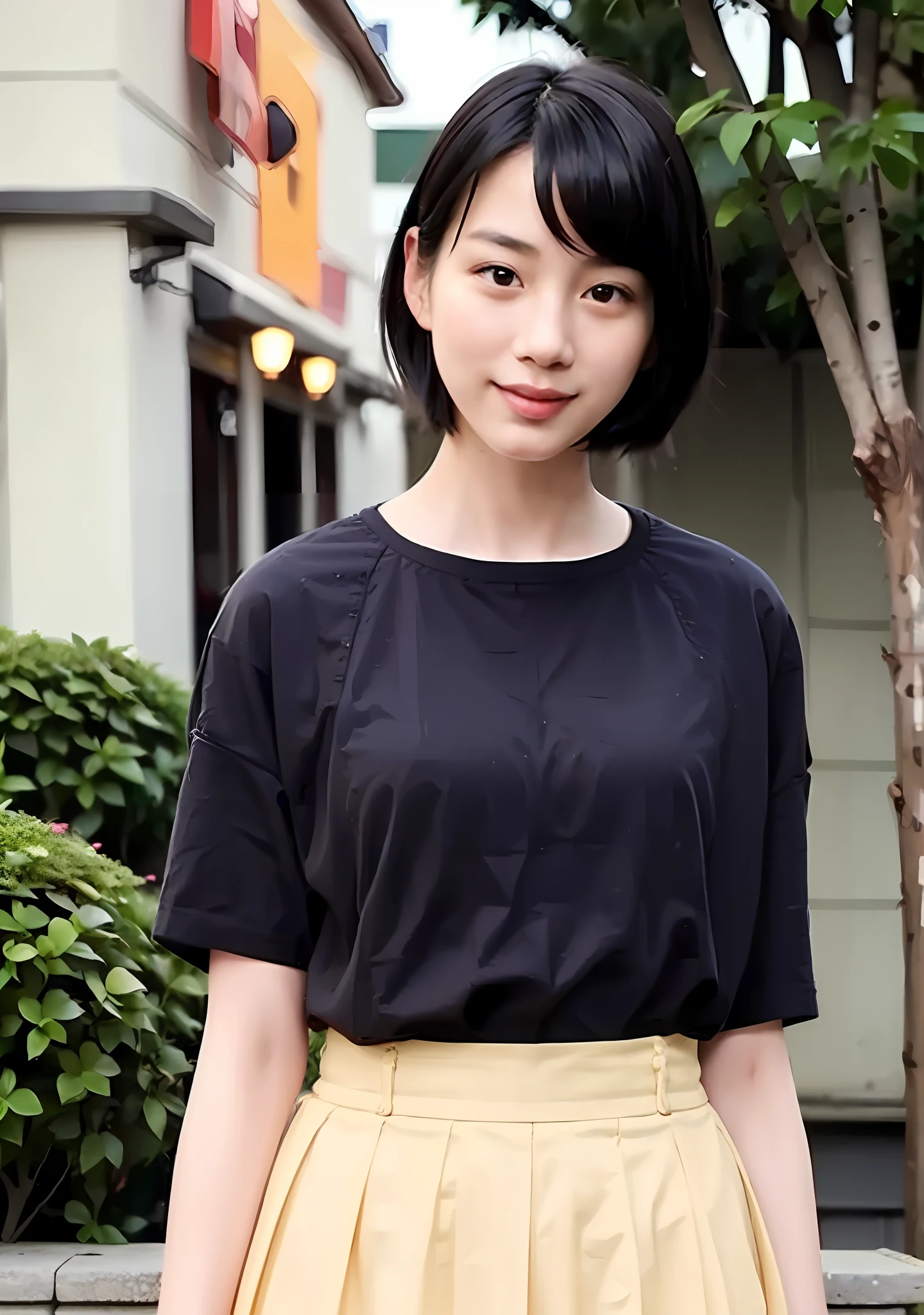 Masterpiece, top quality, official art, highly detailed CG Unity 8K wallpaper, like a schoolgirl, very delicate and beautiful, ultra high resolution, (photorealistic: 1.4), golden hour lighting, (upper body), (platinum shorthair: 0.8), (puffy eyes), looking at the viewer, facing the front, smiling, JK skirt, white dress, Shirt Lift Long Black Hair