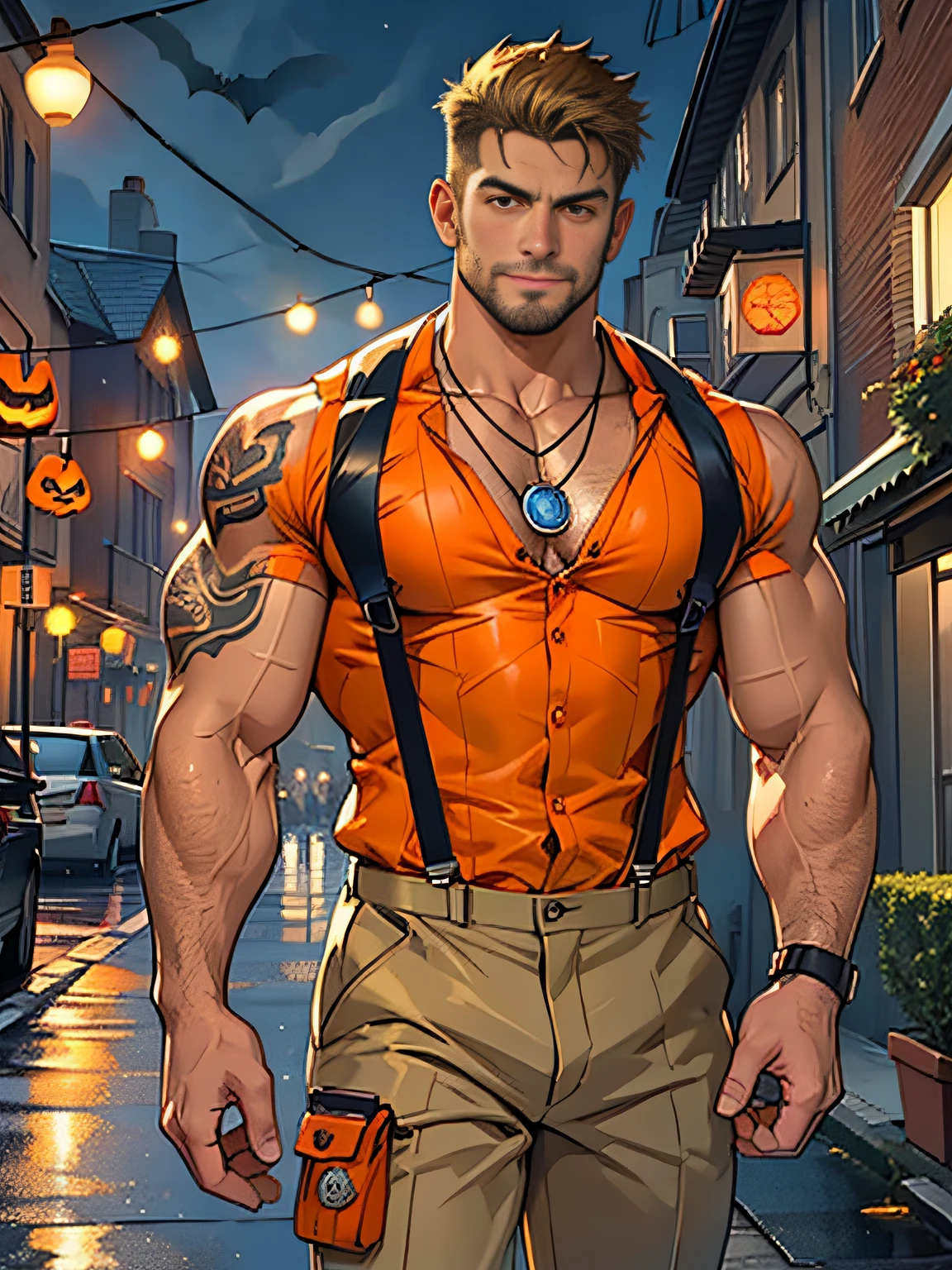 30 years old, big eyes, male, stubble, short hair, huge muscles, exaggerated muscles, mature man, muscle swelling, bodybuilding, pectoral muscles, abs, in the courtyard of European sculpture, jack-o'-lantern, orange striped shirt, open shirt, pumpkin badge, jack-o-lantern necklace, khaki suspenders, martin boots, natural light, wet, wheat-colored skin, 1man, tattoo on forearm, Halloween ornaments, night,