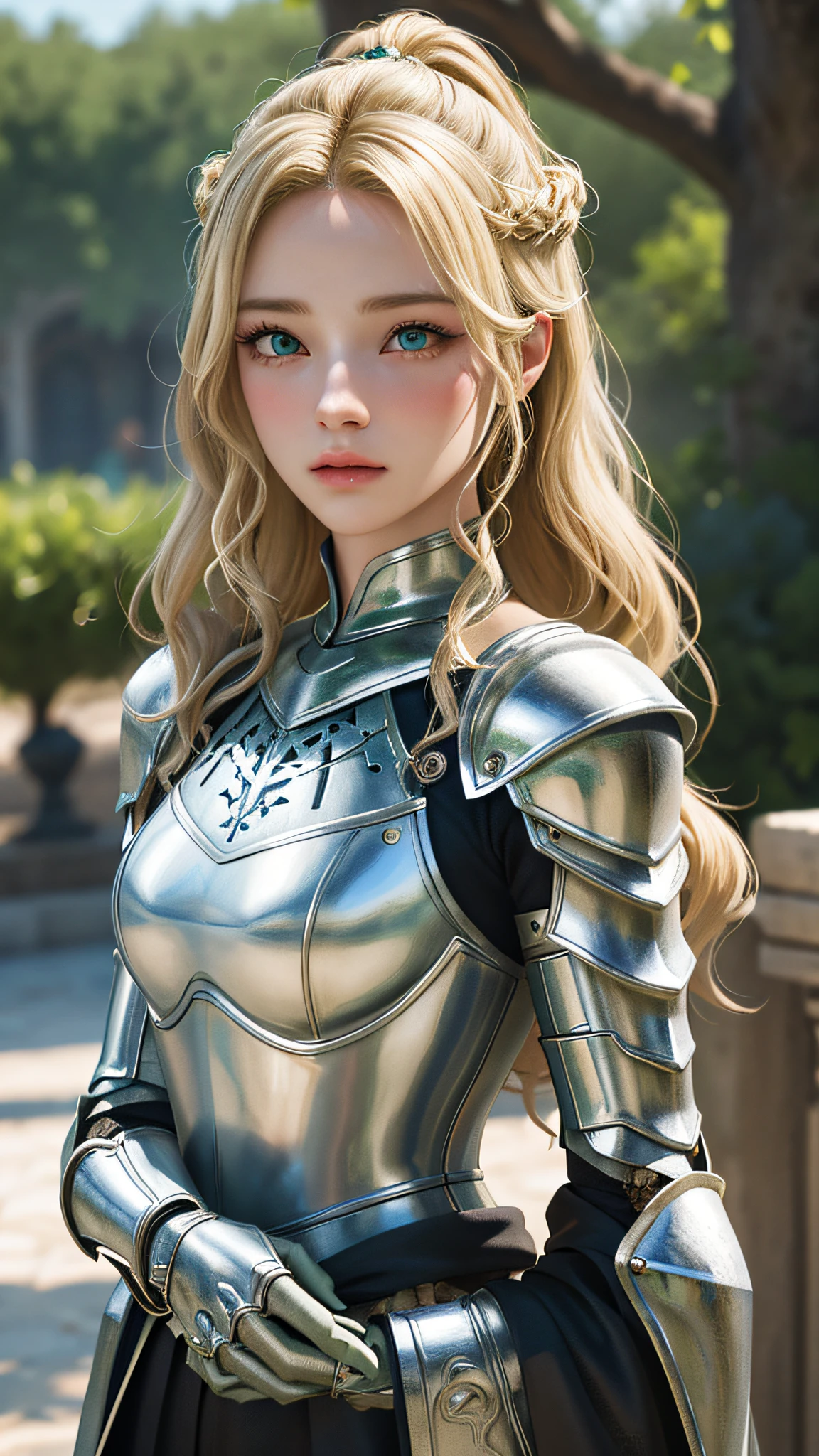 1girl, masterpiece, best quality, 8k, detailed skin texture, detailed cloth texture, beautiful detailed face, intricate details, ultra detailed, a european girl, green eyes, blonde curly hai, 3D character, Medieval Knight