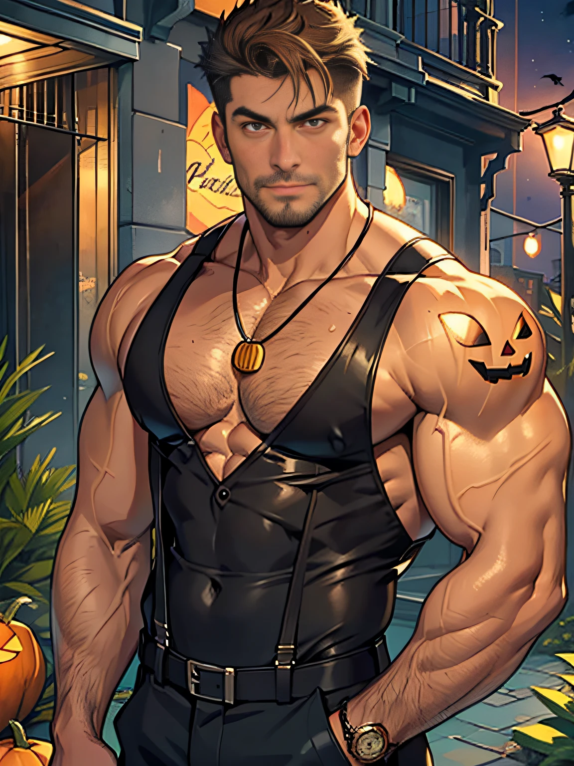 30 years old, big eyes, male, stubble, short hair, huge muscles, exaggerated muscles, mature man, muscle swelling, bodybuilding, pectoral muscles, abs, in the courtyard of European sculpture, jack-o'-lantern, orange striped shirt, open shirt, pumpkin badge, jack-o-lantern necklace, khaki suspenders, martin boots, natural light, wet, wheat-colored skin, 1man, tattoo on forearm, Halloween ornaments, night,