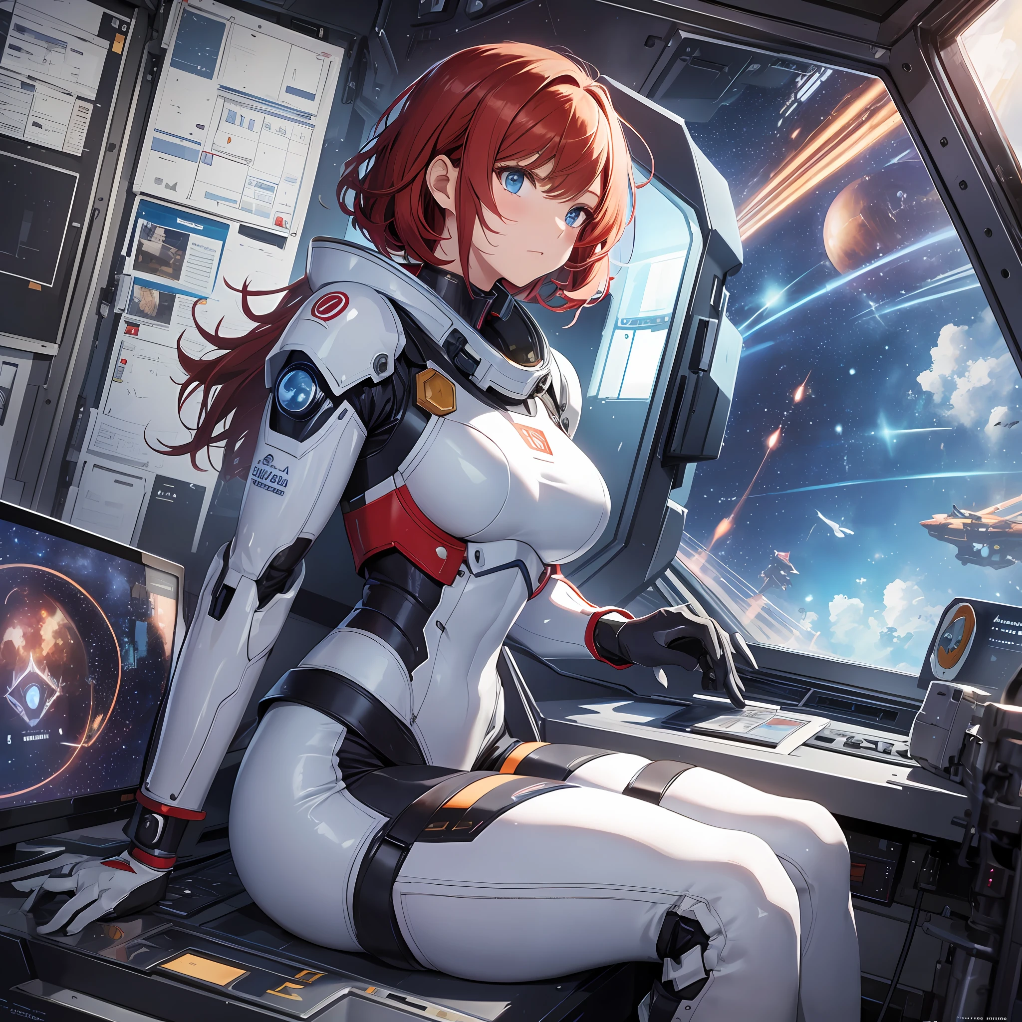 Absurd resolution, high resolution, (masterpiece: 1.4), hyper-detail, 1 young woman, short red hair, pilot suit, rich princess, sitting in an extremely narrow and closed mecha control room looking out the window, the window is the space universe can see the blue planet (1.5), the expression is surprised and shocked, the mecha control room is in the universe