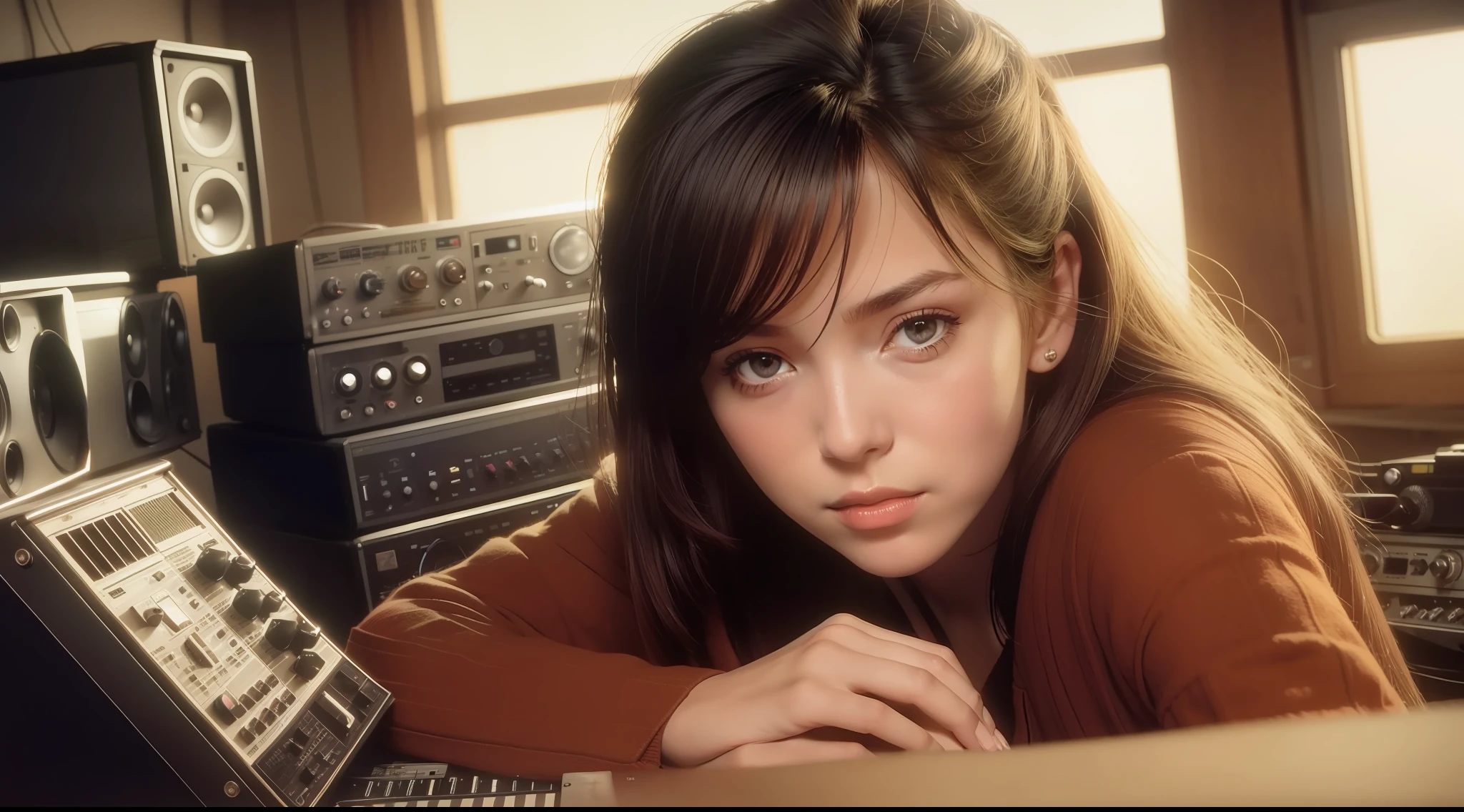 grainy old realistic photo of a beautiful female singer sitting in a crowded messy dusty, cozy audio studio with vintage amps, synts, old used speakers, wires, microphones, audio equipment, in 1973, posters on the wall, paper notes on the floor, extreme high quality, volumetric lighting, light rays shining trough the windows, cinematic lighting, backlights, crimson sunset, depth of field, retro, low angle shot, perspective, ambient occlusion, misty, old, warm, intimate, perfect anatomy, symetric face, 70's fashion by Arthur Elgort