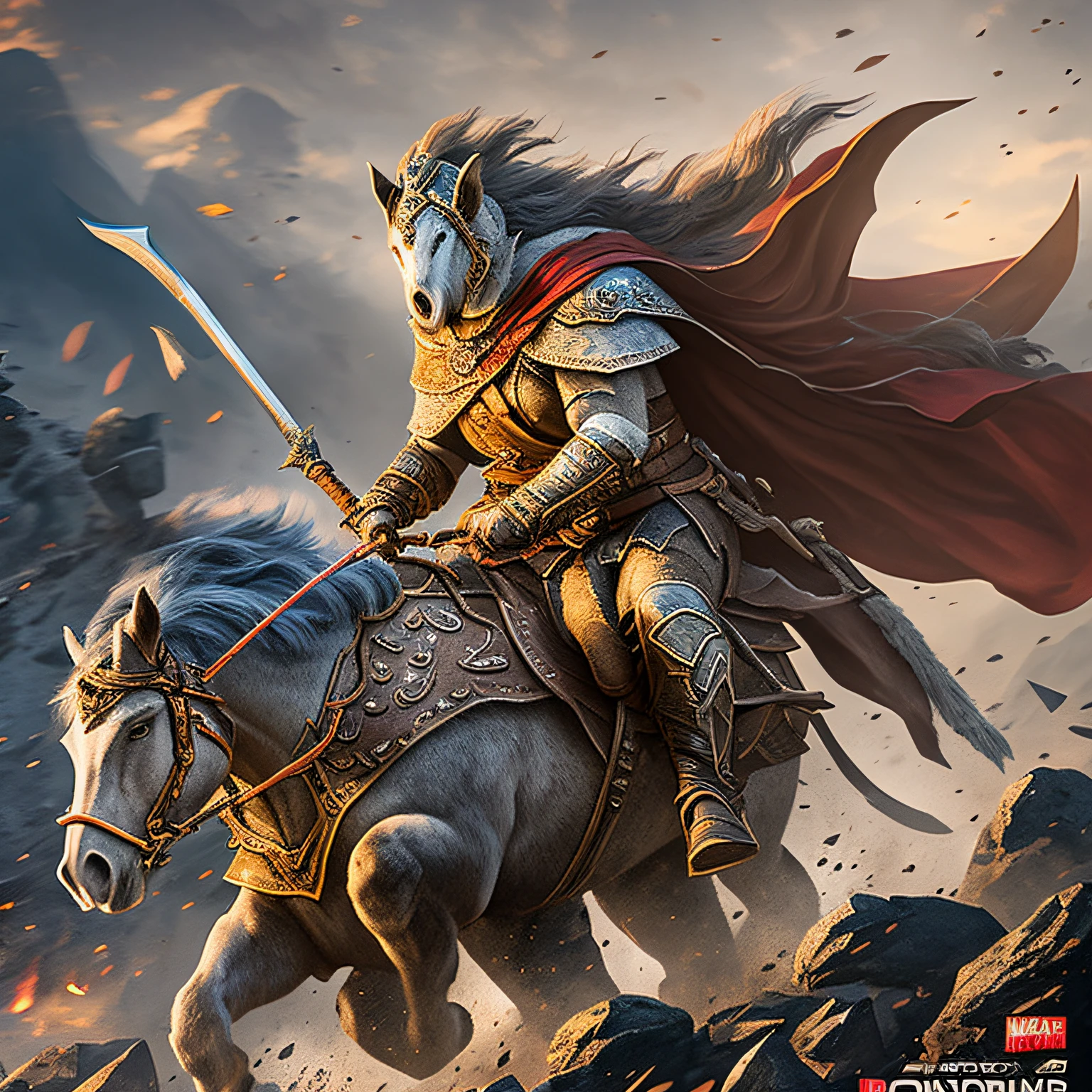 dungeons and dragons epic movie poster barbarian woman with cape charging into battle violent roar riding a vicious ice [wolf|tiger] beast leather and fur boots warriors and red banners (windy dust debris storm:1.1) volumetric lighting fog depth mist pass z pass great stone castle very bright morning sunlight from side, (masterpiece) (best quality) (detailed) (8k) (cinematic lighting) (sharp focus) (intricate)
Negative prompt: (horse weapon axe club sword staff:1.3), (nude) (bad hands) (disfigured) (grain) (deformed) (poorly drawn) (mutilated) (lowres) (lowpoly) (blurry) (out-of-focus)  (duplicate) (frame) (border) (watermark) (label) (signature) (text) (cropped) (artifacts)
ENSD: 31337, Size: 768x768, Seed: 3452095149, Model: A-Zovya_RPG_Artist_Tools_V3, Steps: 25, Sampler: DPM++ 2S a Karras, CFG scale: 5, Mask blur: 4, Model hash: c7751e6108, Denoising strength: 0.3 --auto --s2