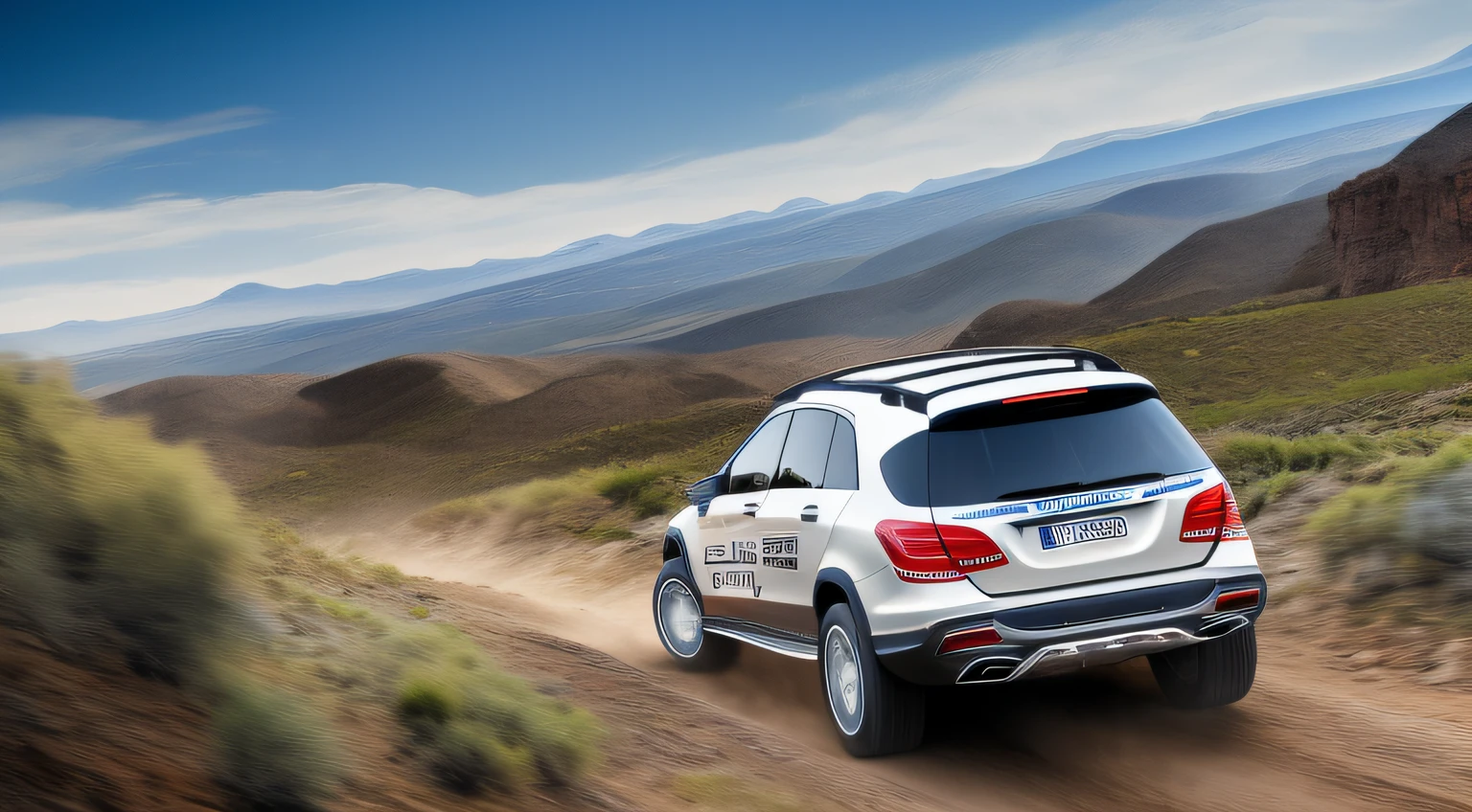 Cross-Rally rear view, Mercedes EQS, multiple cars in the chase, harsh terrain, uneven terrain, complex terrain, rocky sand towns, blades of grass, trees, trees in the distance, mountains in the distance, sky, dynamic composition, Great plains,