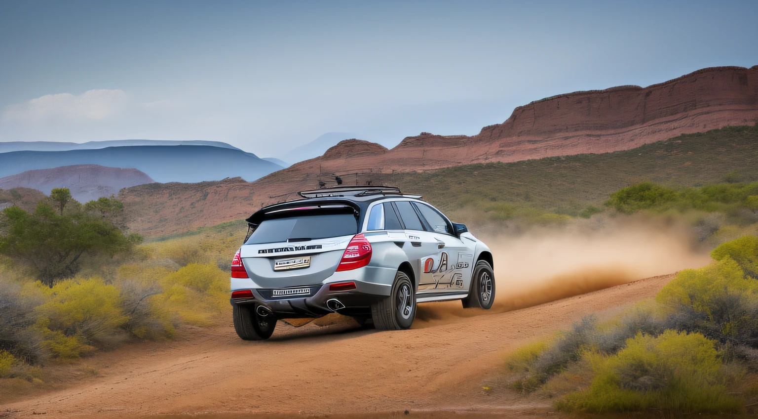 Cross-Rally rear view, Mercedes EQS, multiple cars in the chase, harsh terrain, uneven terrain, complex terrain, rocky sand towns, blades of grass, trees, trees in the distance, mountains in the distance, sky, dynamic composition, Great plains,