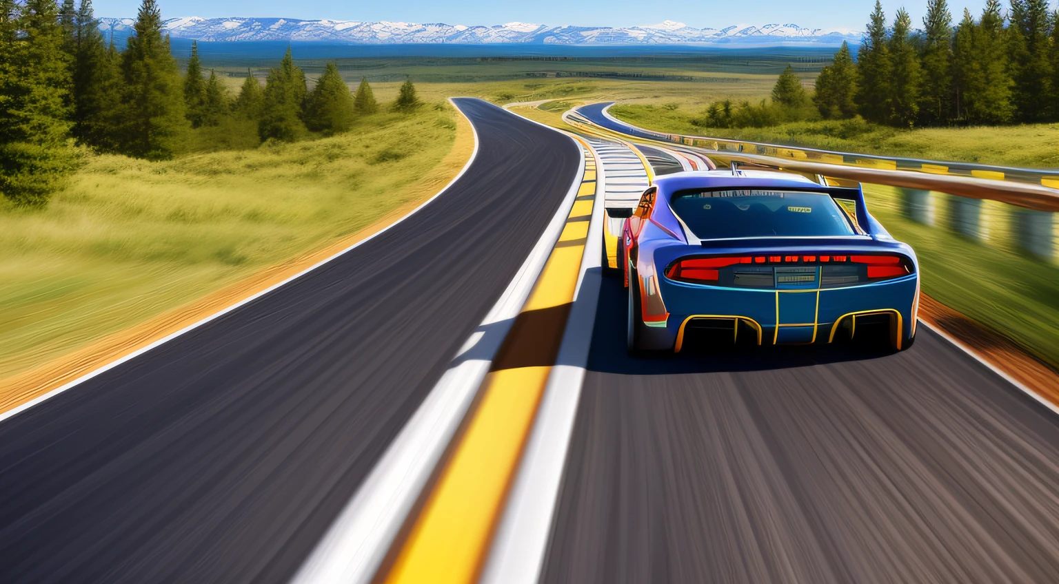 Racing Screen, Winding Track, Grand Touring, Racing Track, Meandering Complex, Panorama, Several Cars in Chase, (Rear), Large Wide Angle, perspective, Sony FE GM, Rear View, Multiple Cars in Chase, Complex Terrain, Rocky Sand City, Blades of Grass, Trees, Distant Trees, Distant Mountains, Sky, Dynamic Composition, Great Plains,