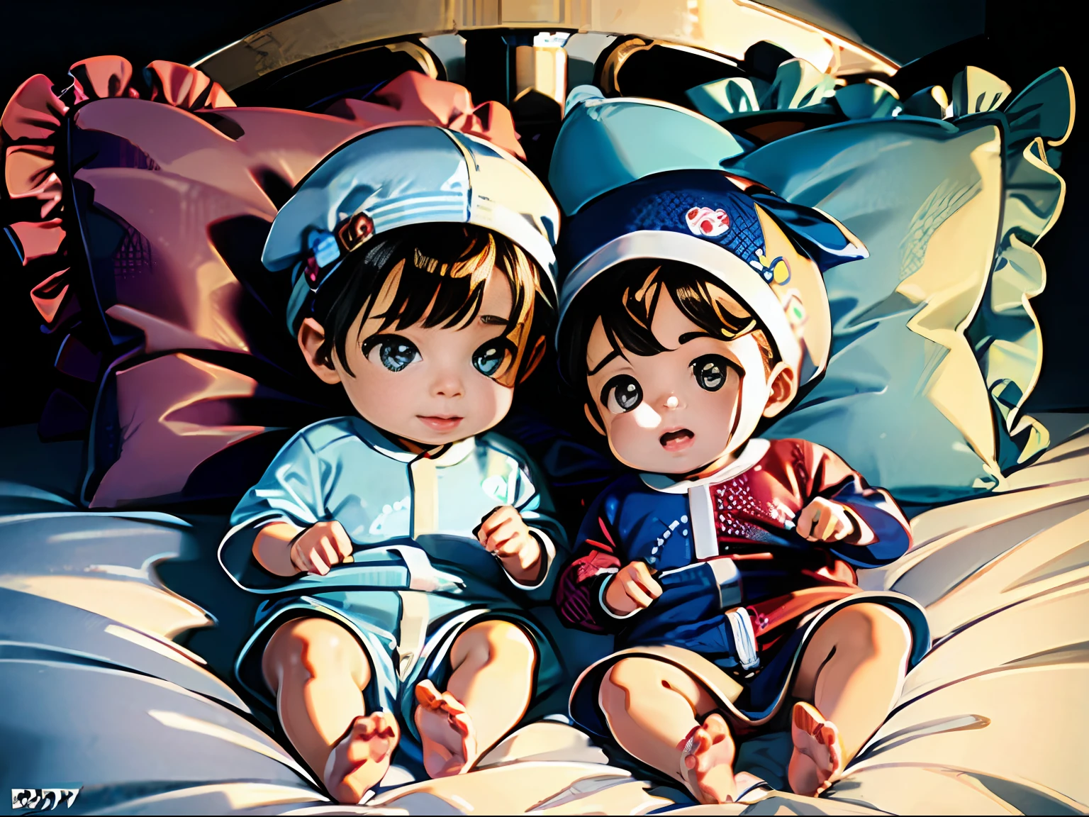 (ridiculous, high resolution, super detailed, realistic ,), 2 , baby, , side by side in bed, bedroom background, full body