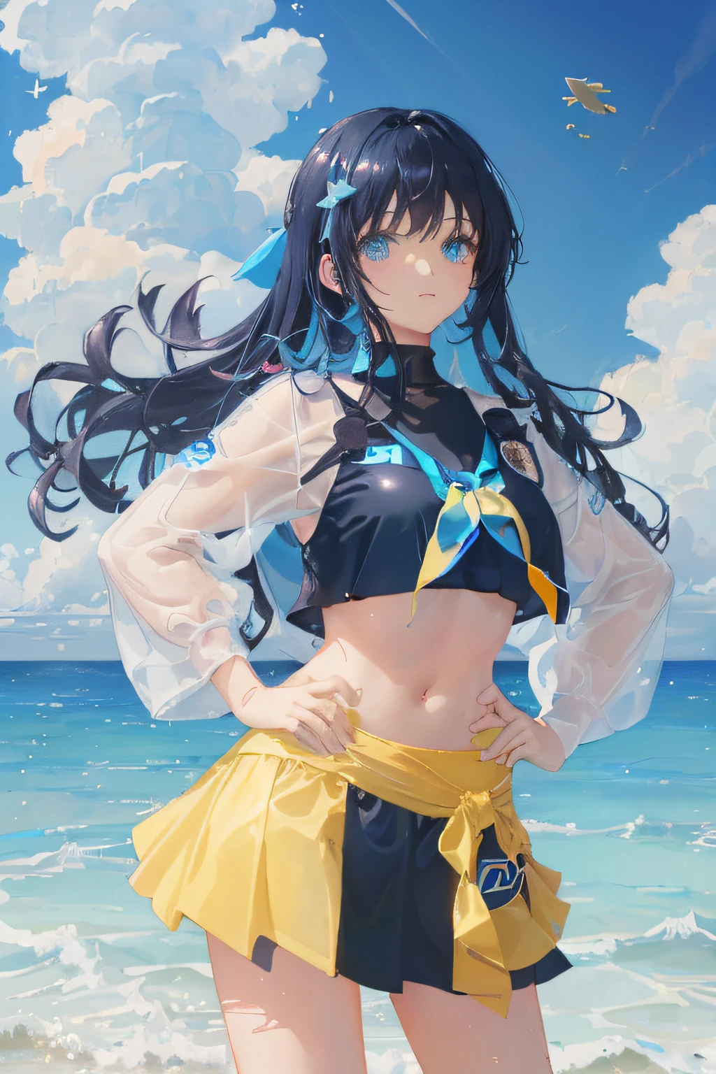 art by Cornflower, dreamy, (A beautiful, aged, anime-style girl with blue eyes and long, black hair, wearing a pale yellow, shiny, long-sleeved, open-chest, long skirt swimming suit with a pink, white, and yellow, heart on it is posing with her hands on her hips, in front of a beach and a bright, blue sky with clouds in it, there are palm trees in the background on both sides of the picture, and there are lots of blue and yellow fish swimming in the ocean, and there is a police helicopter with lights on it flying over the girl)