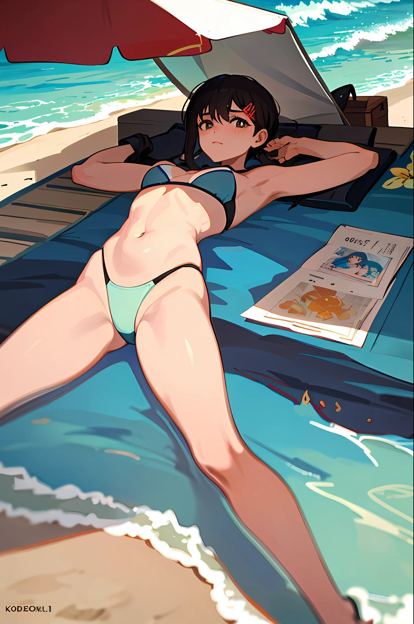 1girl,On the beach, sunbathing, lying on the sand, tanned, full body, artwork, Kobeni