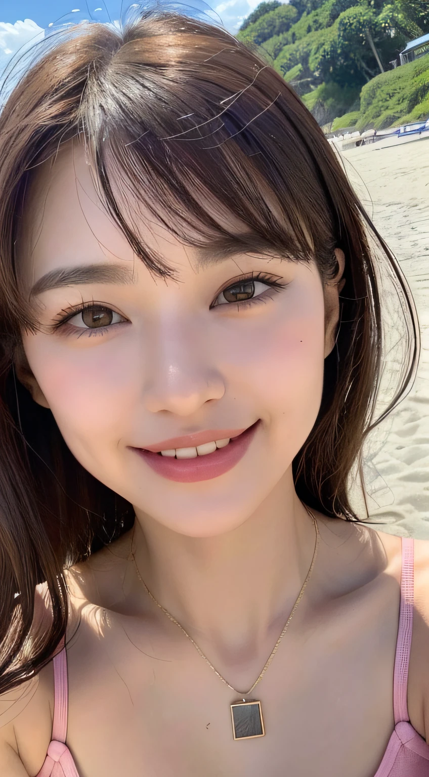 (Best quality, 8k, masterpiece: 1.3), a beautiful woman with perfect figure: 1.4, dark brown hair, (blunt bangs:1.2), wearing a pendant, pink-bikini, in the beach, highly detailed face and skin, detailed eyes, double eyelids, big breasts, smile