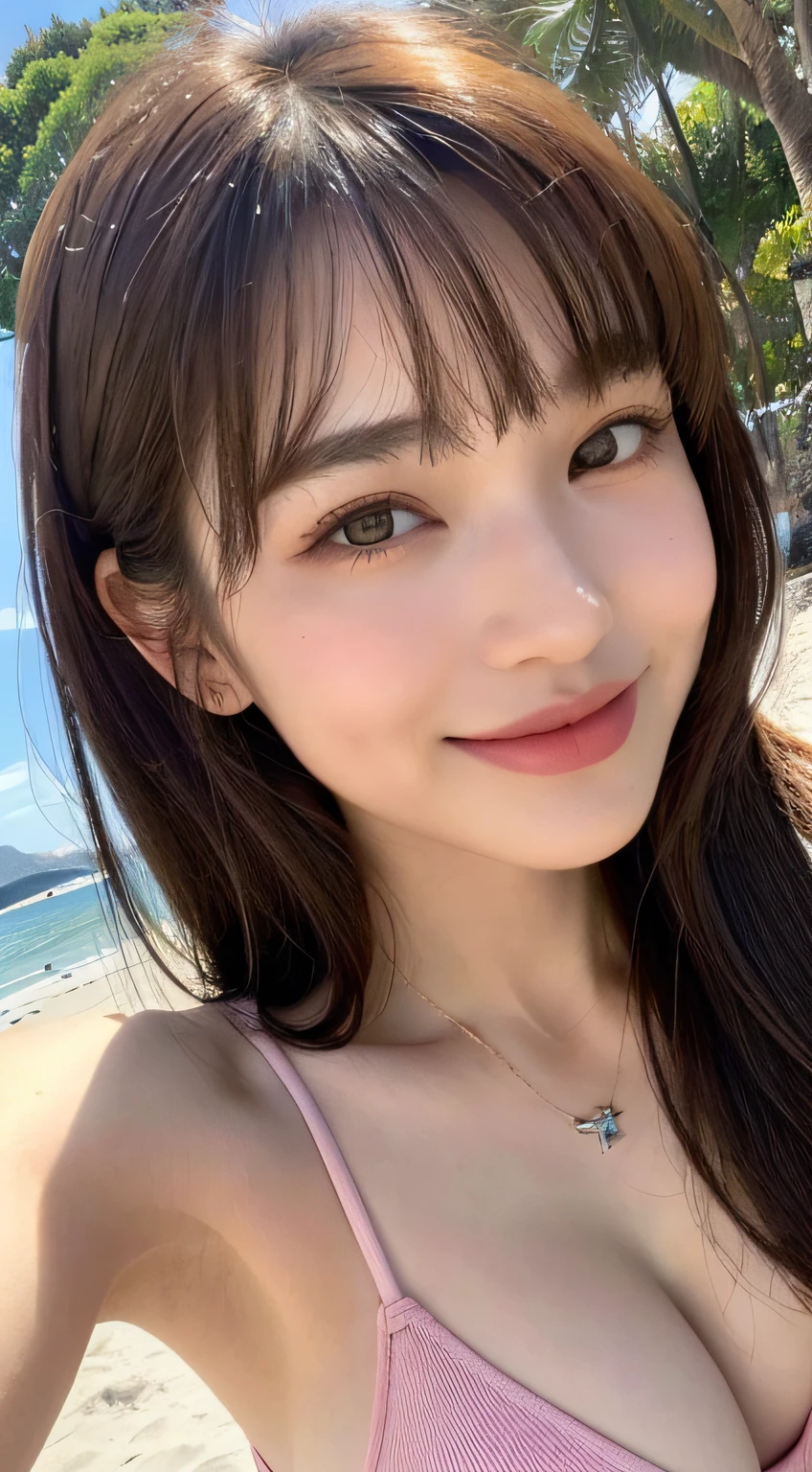 (Best quality, 8k, masterpiece: 1.3), a beautiful woman with perfect figure: 1.4, dark brown hair, (blunt bangs:1.2), wearing a pendant, pink-bikini, in the beach, highly detailed face and skin, detailed eyes, double eyelids, big breasts, smile