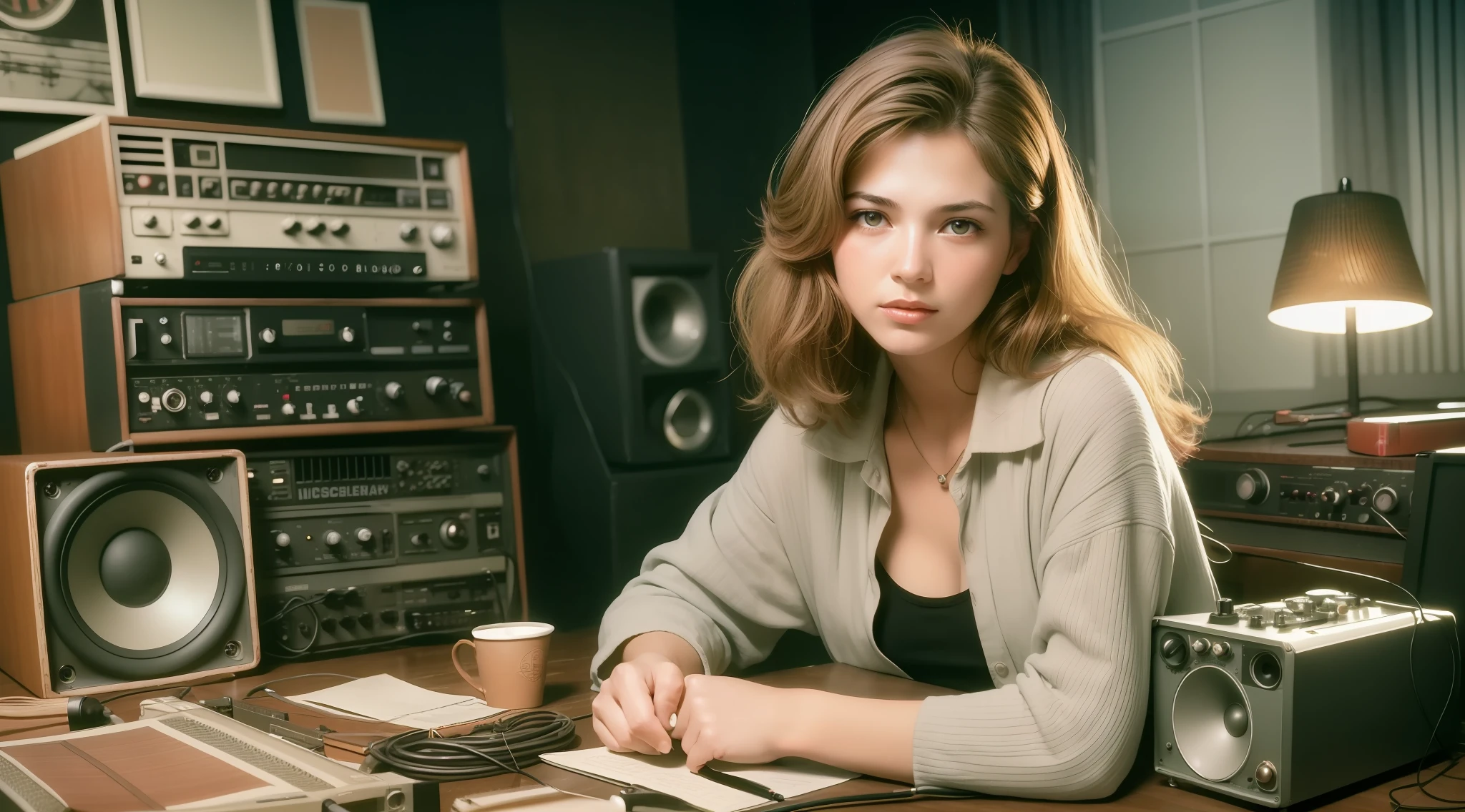 grainy old realistic photo of a nice female singer sitting in a crowded messy dusty, cozy audio studio with vintage amps, synts, old used speakers, wires, microphones, audio equipment, in 1973, posters on the wall, paper notes on the floor, extreme high quality, volumetric lighting, light rays shining trough the windows, cinematic lighting, backlights, crimson sunset, depth of field, retro, low angle shot, perspective, ambient occlusion, misty, old, warm, intimate, perfect anatomy, symetric face, 70's fashion by Arthur Elgort