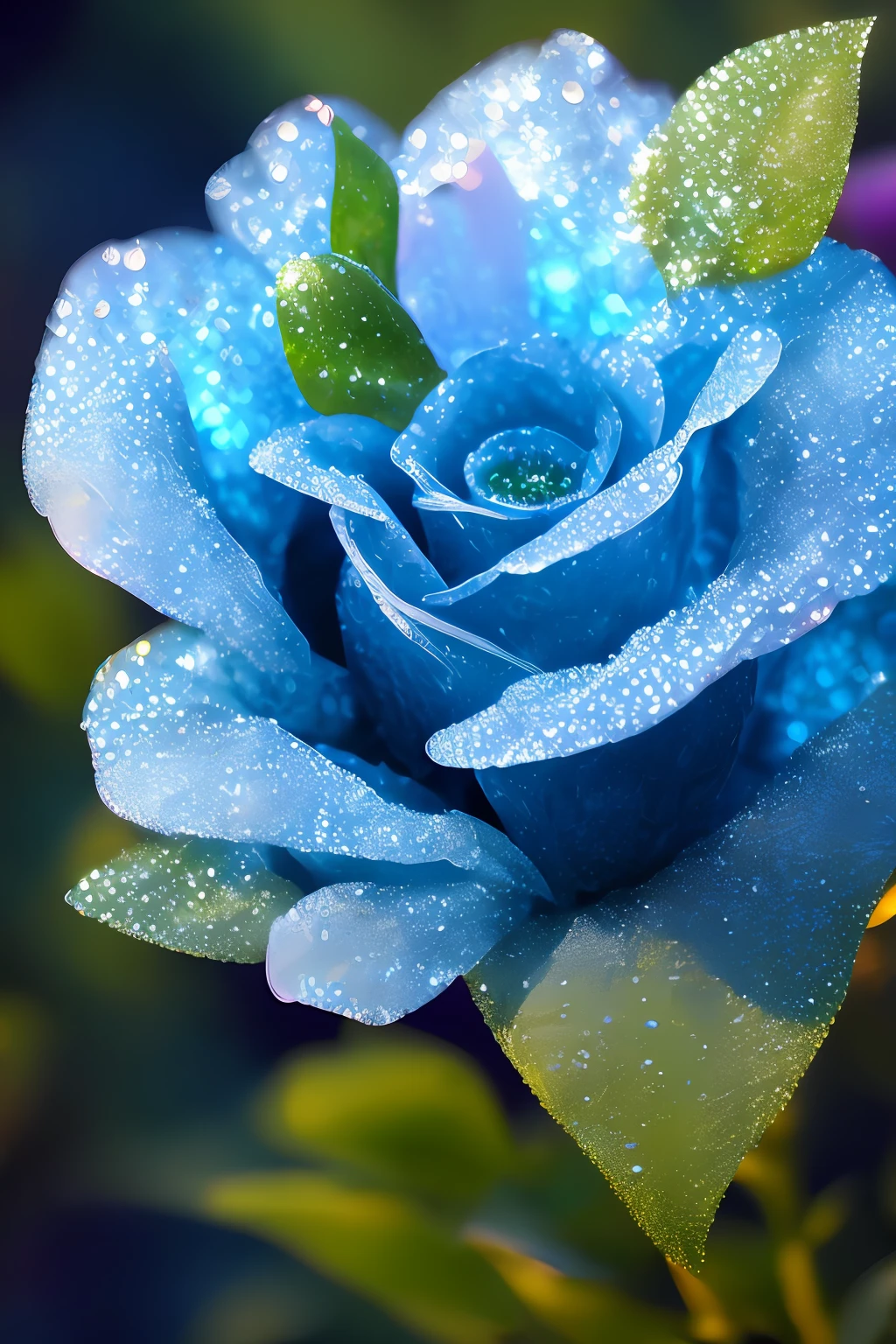 dark blue rose, some dew drops, green leaves and stems, ice, colored background, glow, sun rays and glare, high detail, full detail, high resolution, glow, rendering, photorealism, 55mm, volumetric lighting, ray tracing, reflections, macro photography
